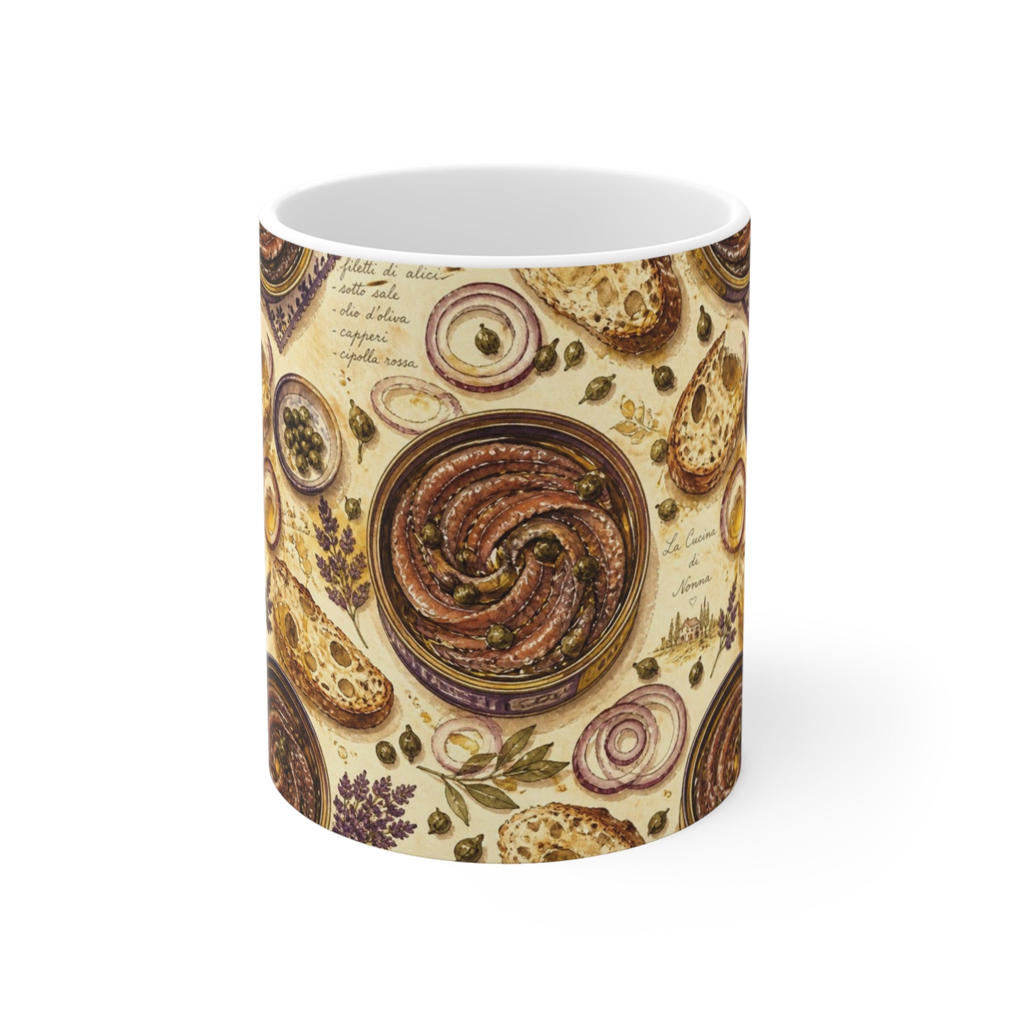 Anchovies & Capers 11oz Ceramic Mug Mediterranean Kitchen Watercolor Design Italian Cottagecore Gift