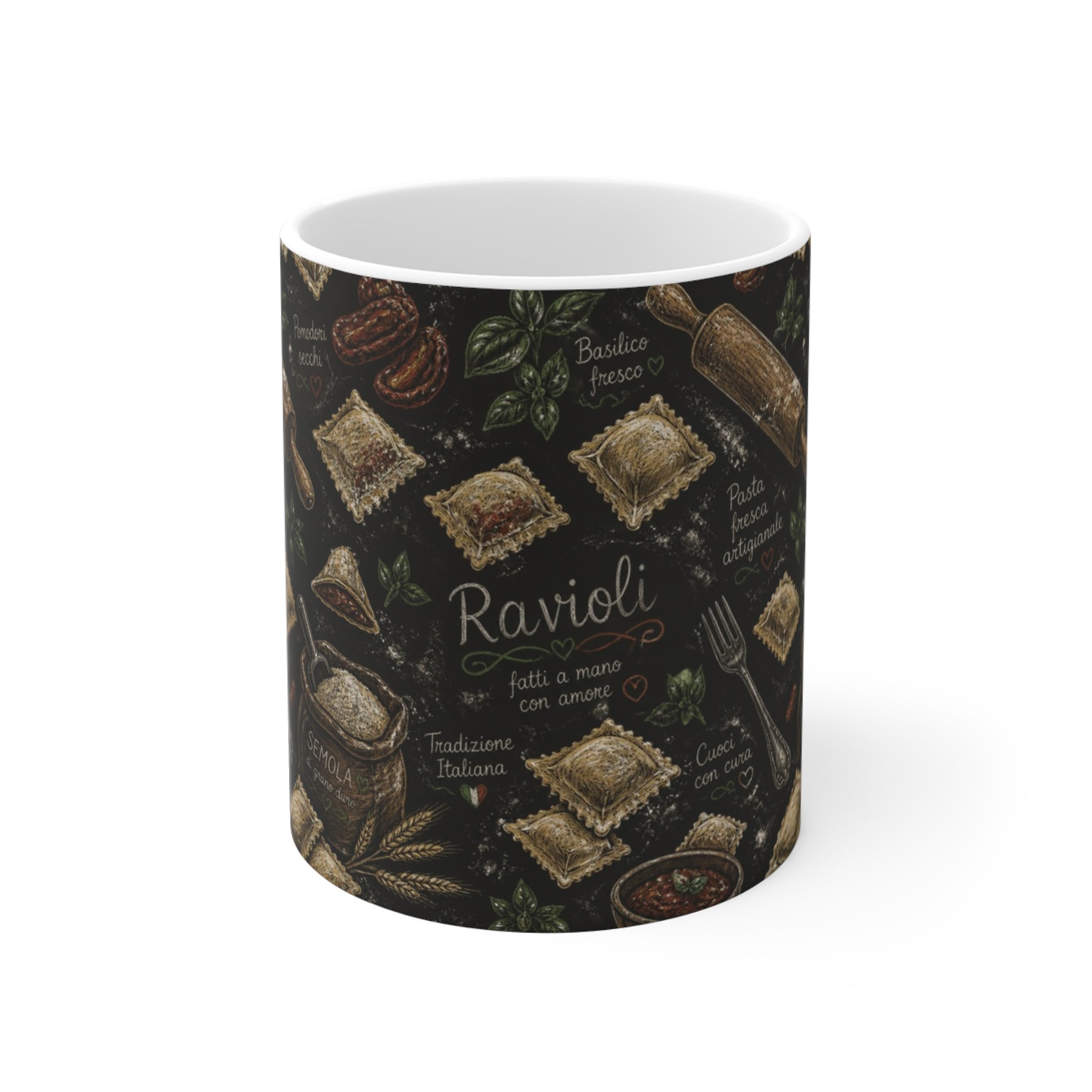 Fresh Ravioli 11oz Ceramic Mug Mediterranean Kitchen Chalk Art Design Italian Cottagecore Gift