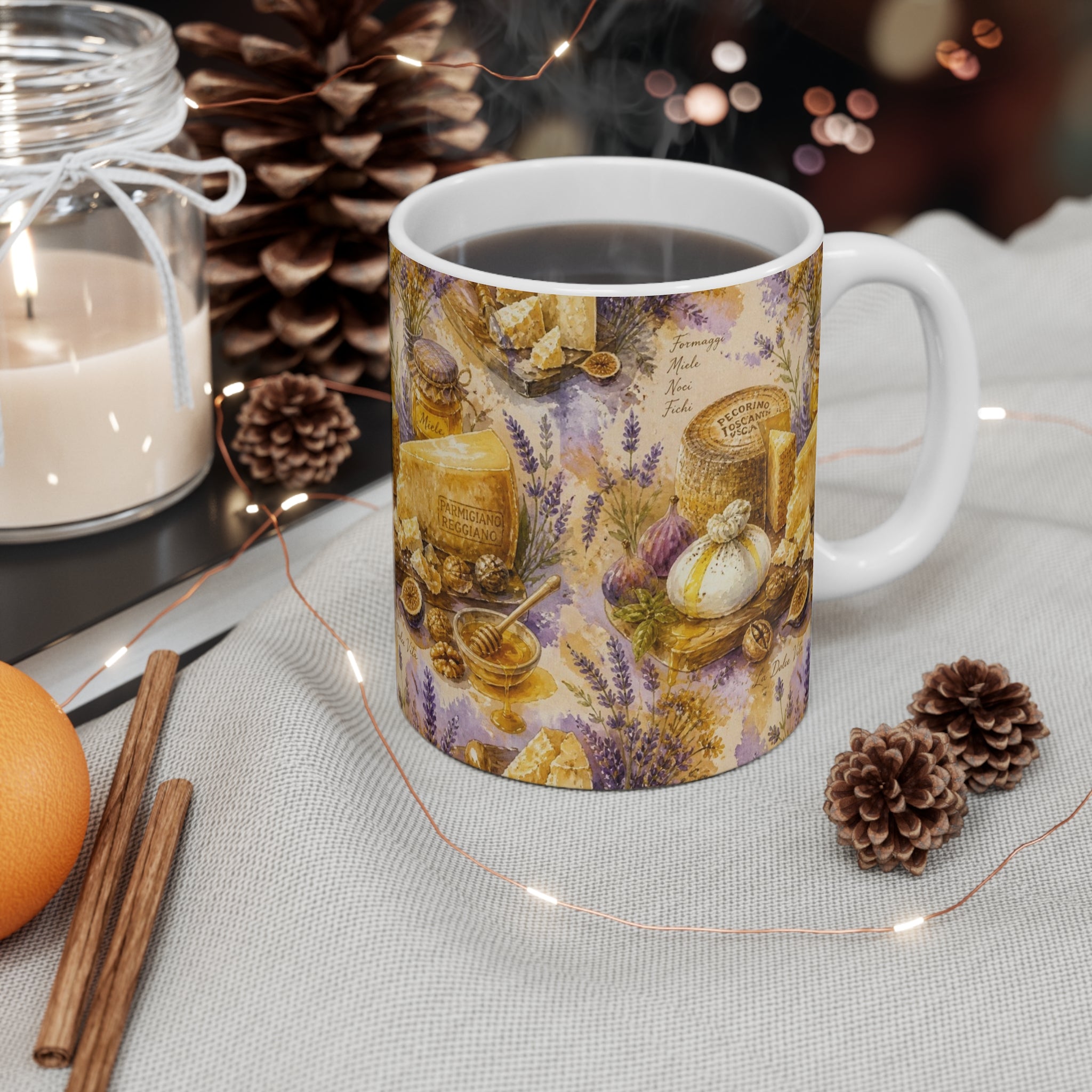 Italian Cheese Board 11oz Ceramic Mug Mediterranean Kitchen Watercolor Splash Design Italian Cottagecore Gift