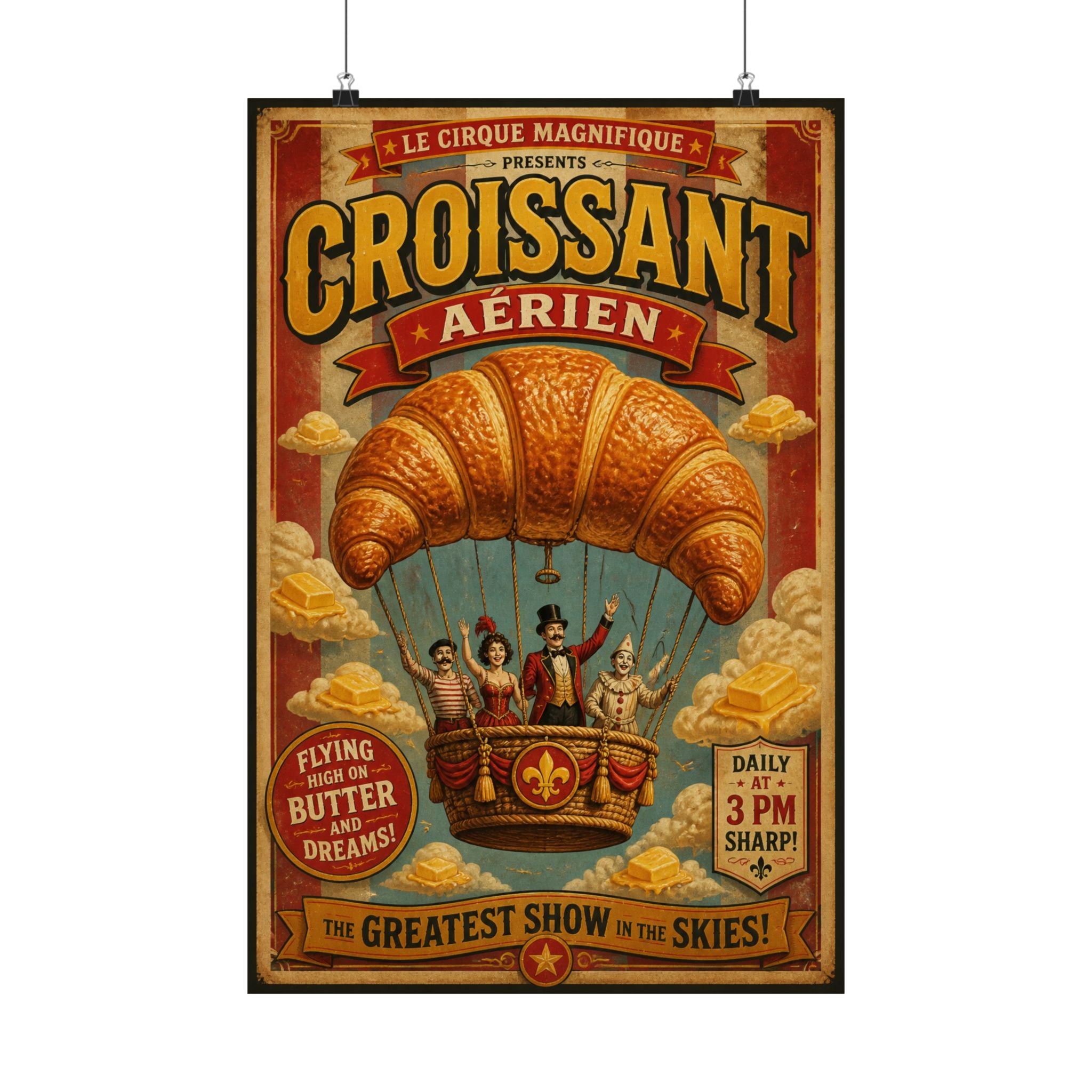 Croissant Hot Air Balloon Wall Art Poster 18×24 Vintage Circus Kitchen Decor Maximalist Print