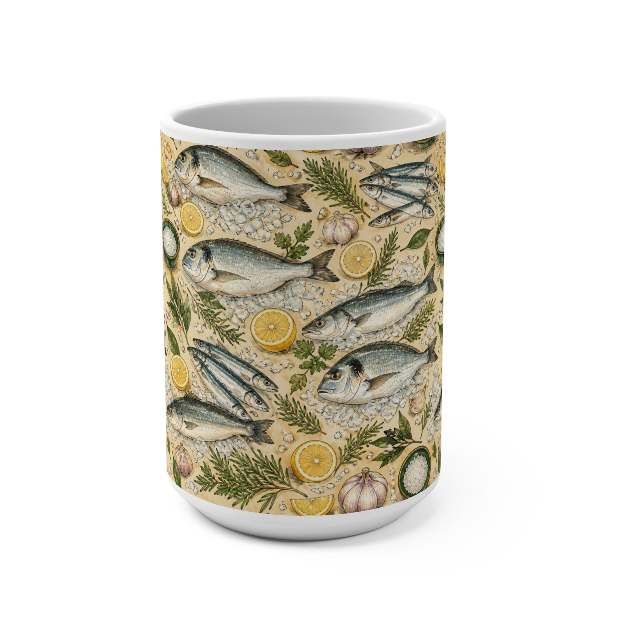 Mediterranean Fish 15oz Ceramic Mug Mediterranean Kitchen Watercolor Design Italian Cottagecore Gift