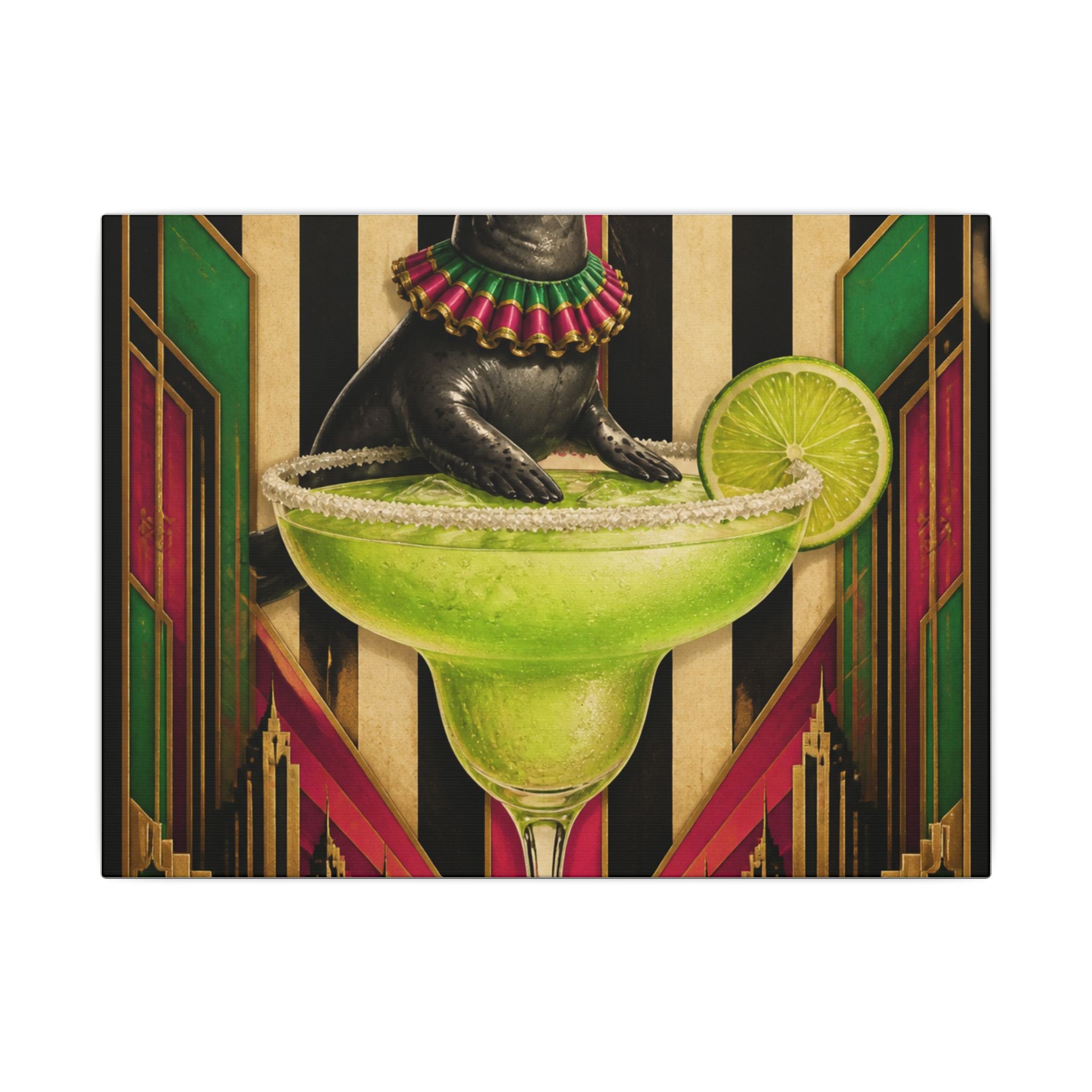 Margarita Balancing Seal Wall Art Canvas 24×36 Art Deco Bar Area Decor Maximalist Print