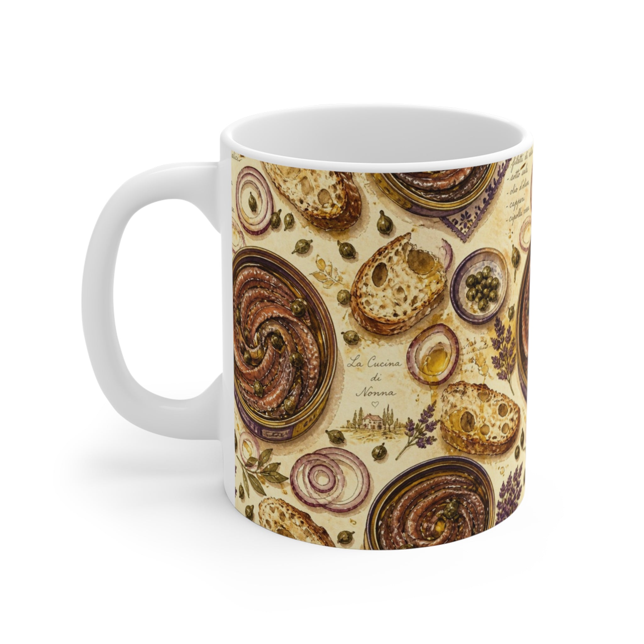 Anchovies & Capers 11oz Ceramic Mug Mediterranean Kitchen Watercolor Design Italian Cottagecore Gift