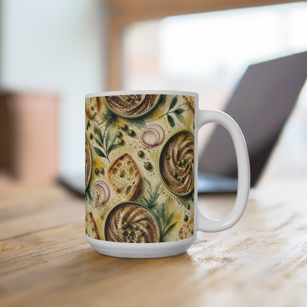 Anchovies & Capers 15oz Ceramic Mug Mediterranean Kitchen Watercolor Splash Design Italian Cottagecore Gift