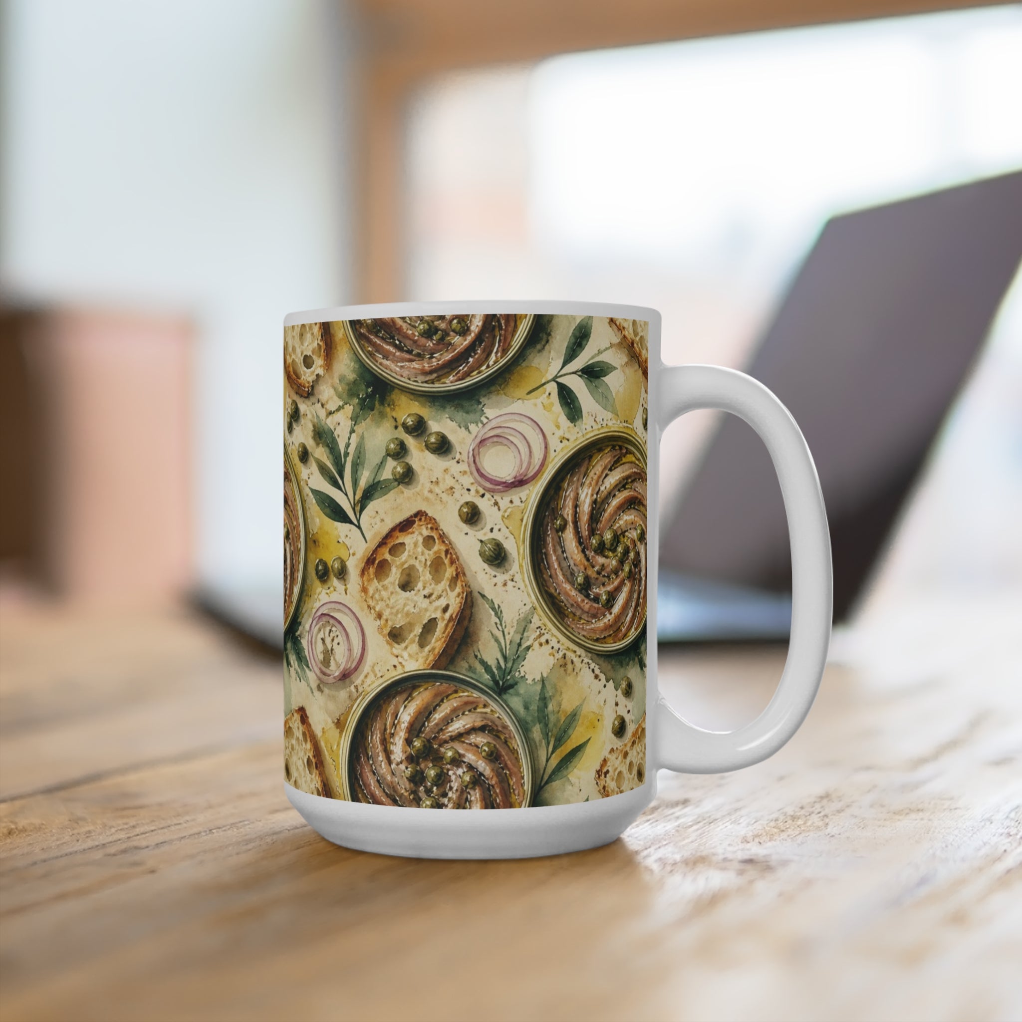 Anchovies & Capers 15oz Ceramic Mug Mediterranean Kitchen Watercolor Splash Design Italian Cottagecore Gift