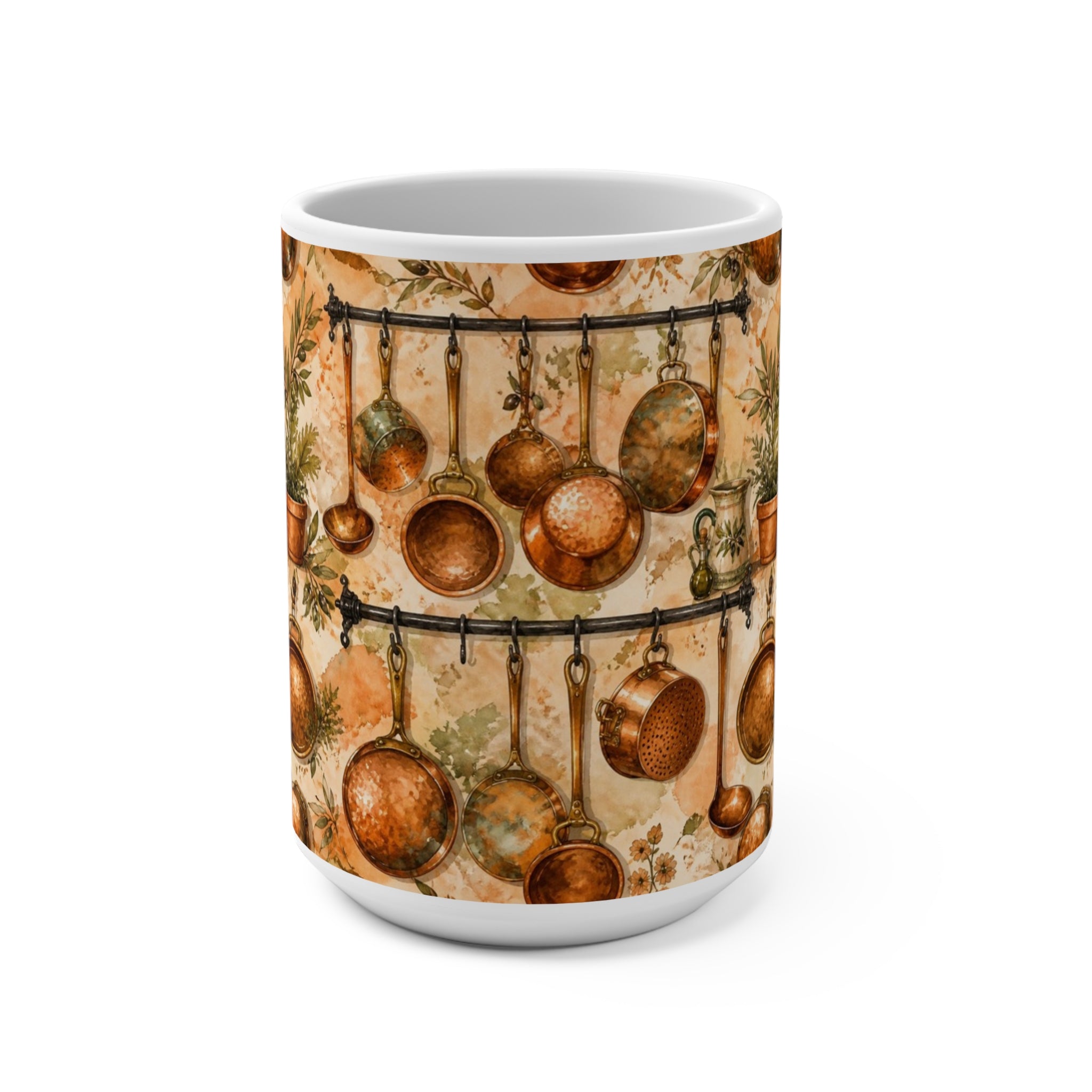 Copper Cookware 15oz Ceramic Mug Mediterranean Kitchen Watercolor Splash Design Italian Cottagecore Gift