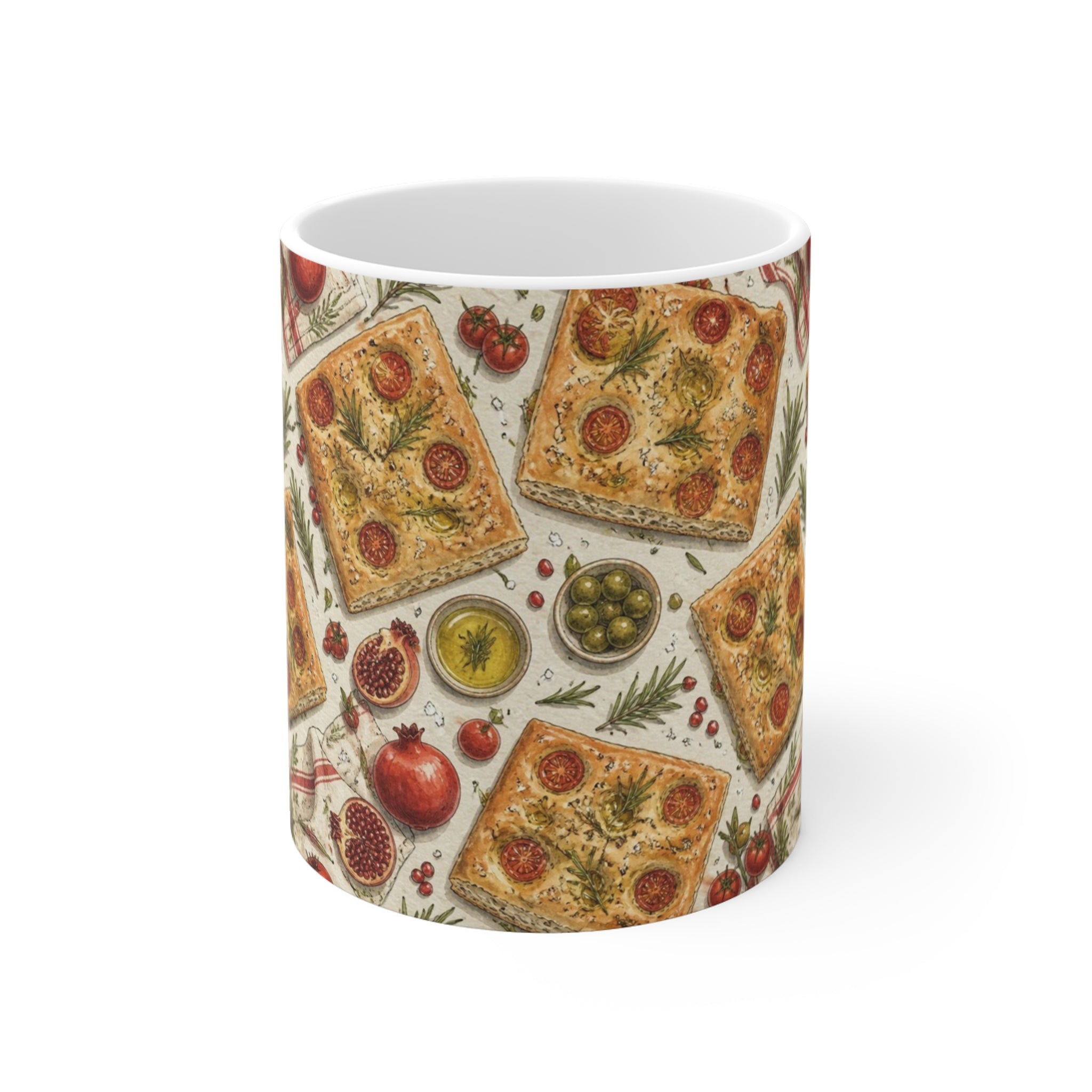 Focaccia Bread 11oz Ceramic Mug Mediterranean Kitchen Watercolor Design Italian Cottagecore Gift