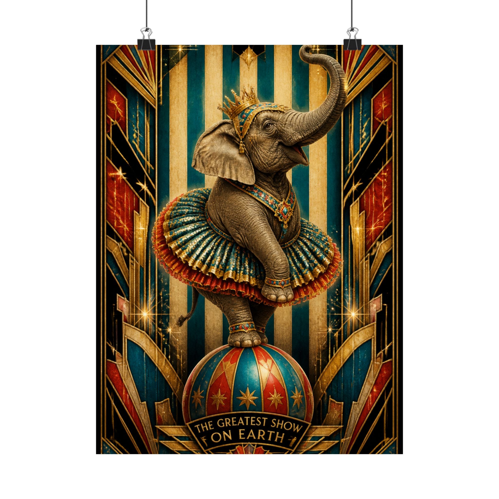 Elephant on Ball Wall Art Poster 18×24 Art Deco Entryway Decor Maximalist Print