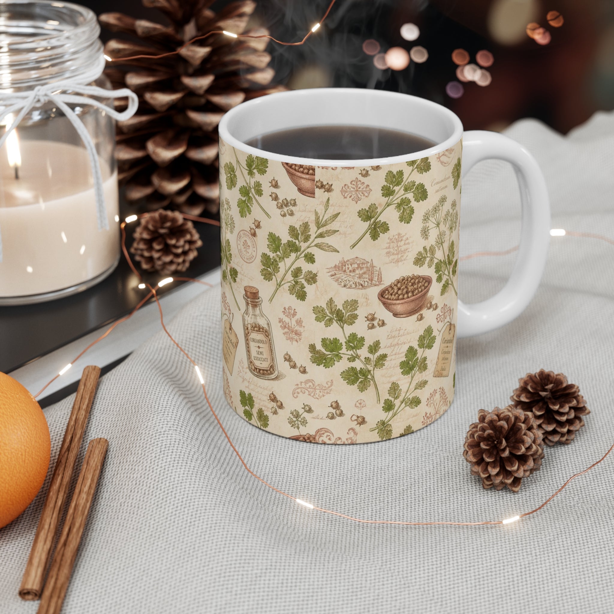 Coriander & Seeds 11oz Ceramic Mug Mediterranean Kitchen Botanical Design Italian Cottagecore Gift