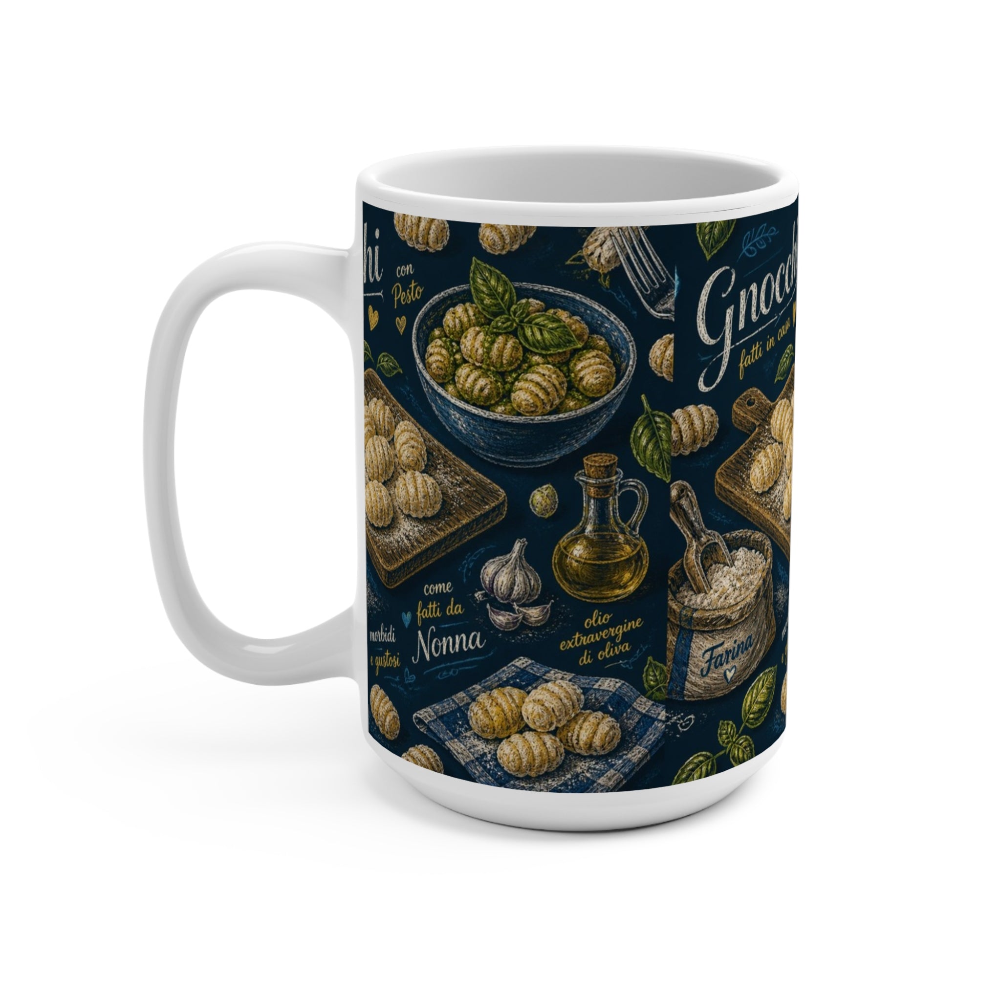 Potato Gnocchi 15oz Ceramic Mug Mediterranean Kitchen Chalk Art Design Italian Cottagecore Gift