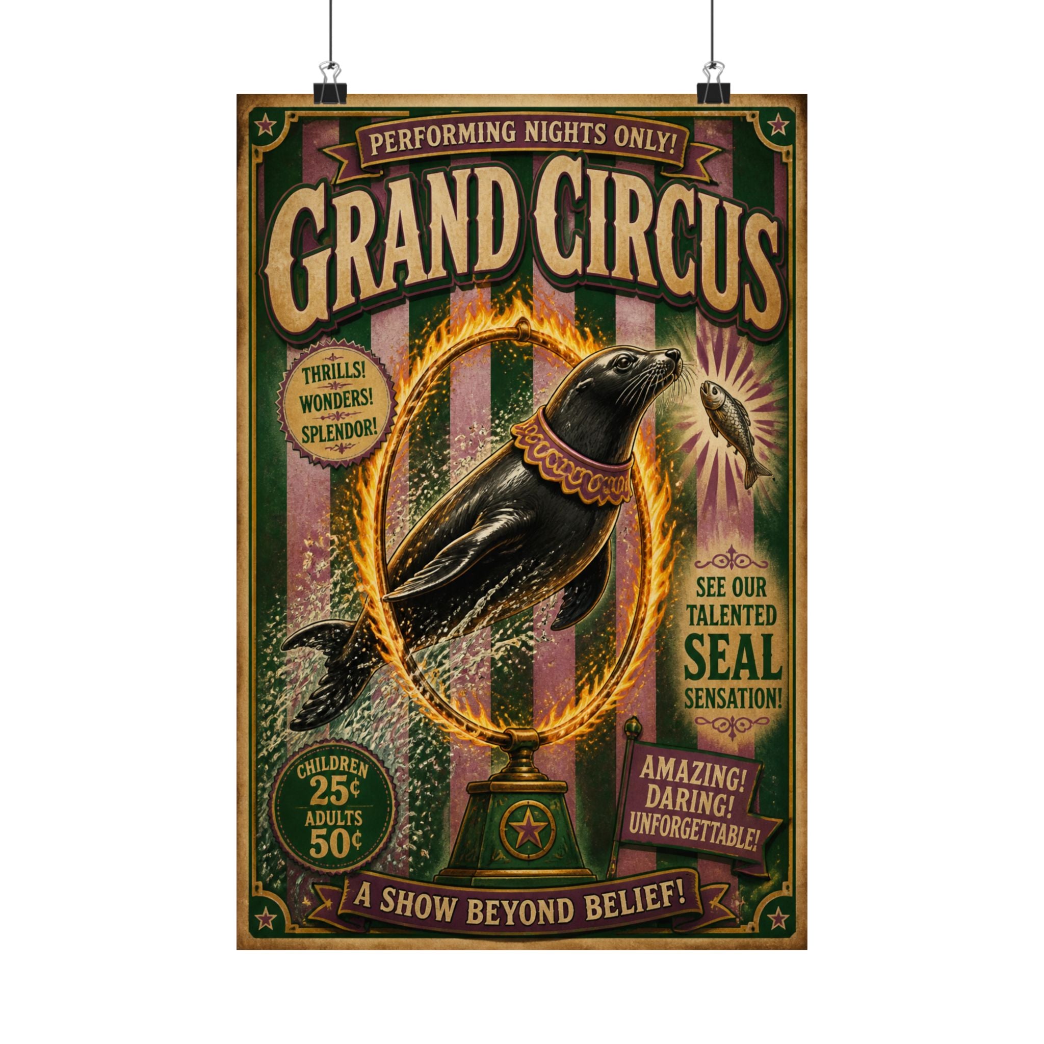 Seal Fire Hoop Wall Art Poster 24×36 Vintage Circus Bedroom Decor Maximalist Print