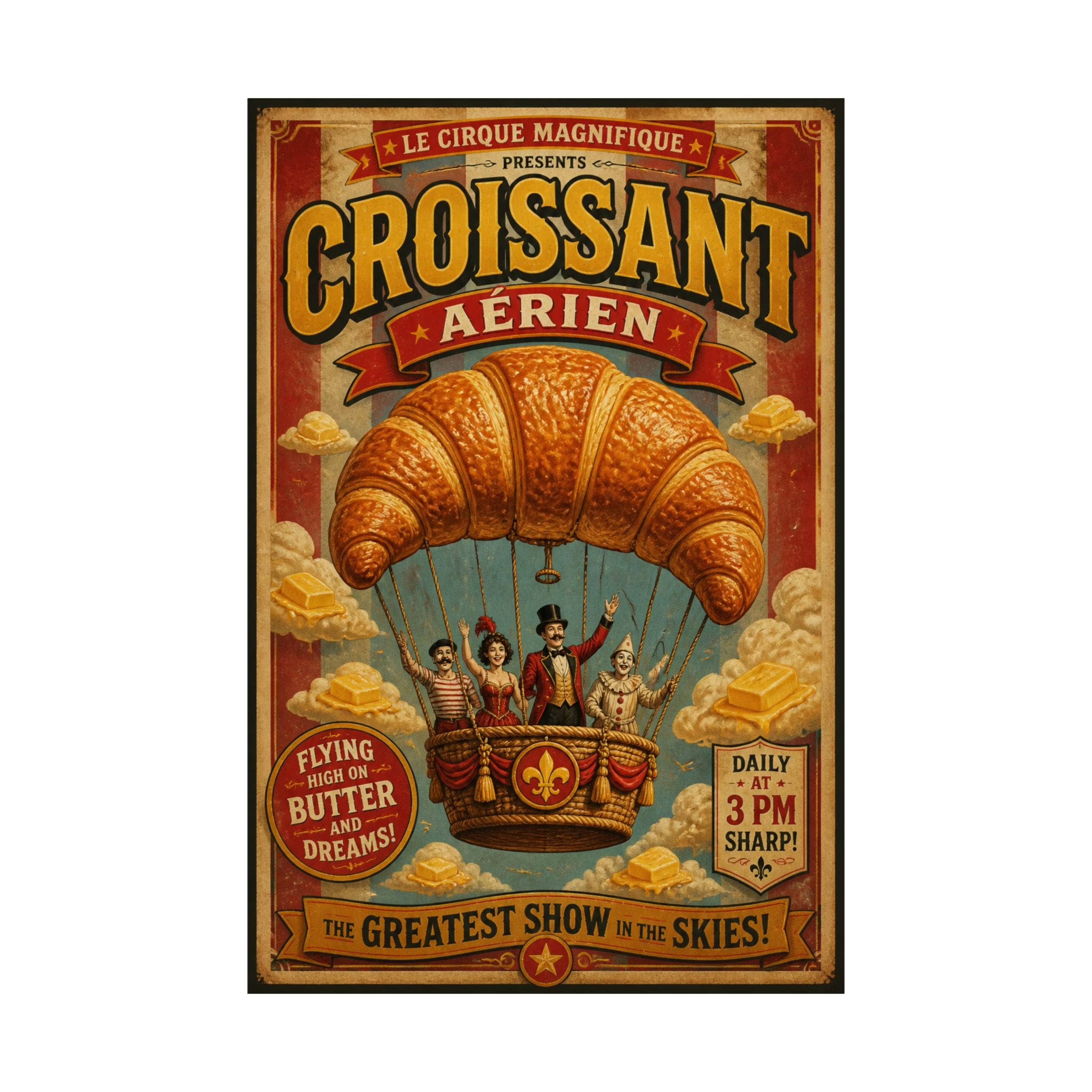 Croissant Hot Air Balloon Wall Art Poster 18×24 Vintage Circus Kitchen Decor Maximalist Print