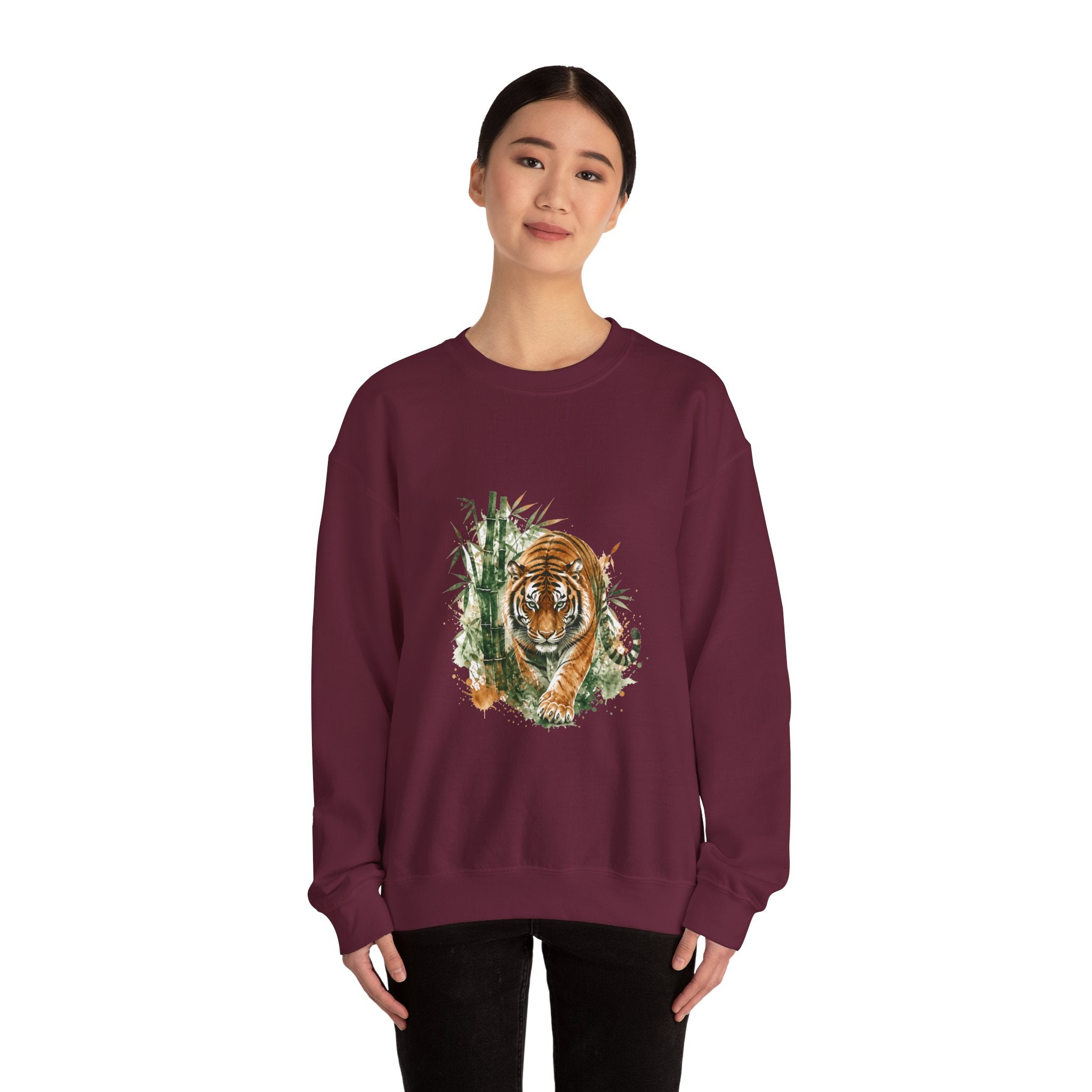 Matching Couple Sweatshirt - Tiger & Crane Matching Couple Premium Fleece Sweatshirt Watercolor Art His Hers Birthday Gift - Design A