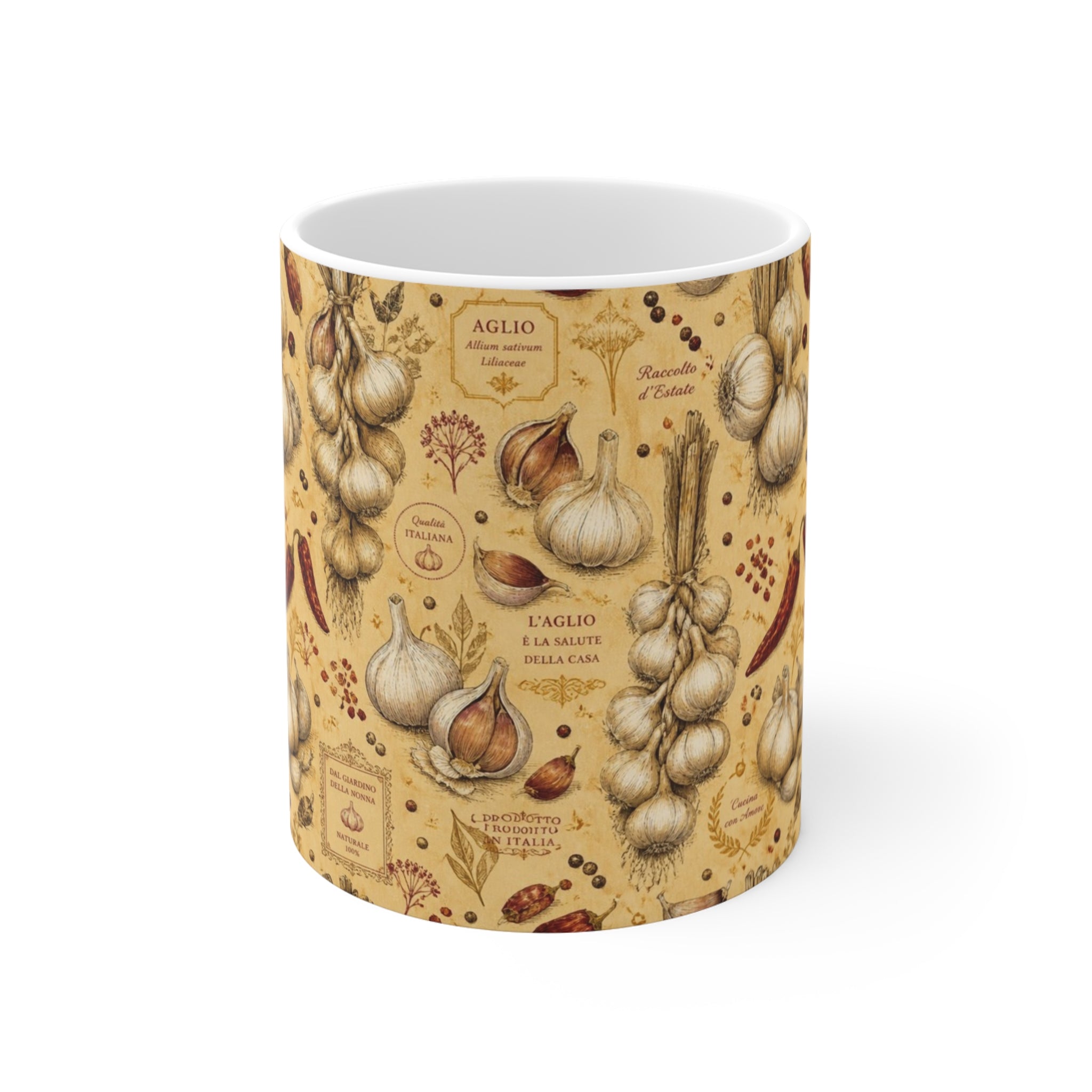 Garlic Bulbs & Cloves 11oz Ceramic Mug Mediterranean Kitchen Botanical Design Italian Cottagecore Gift