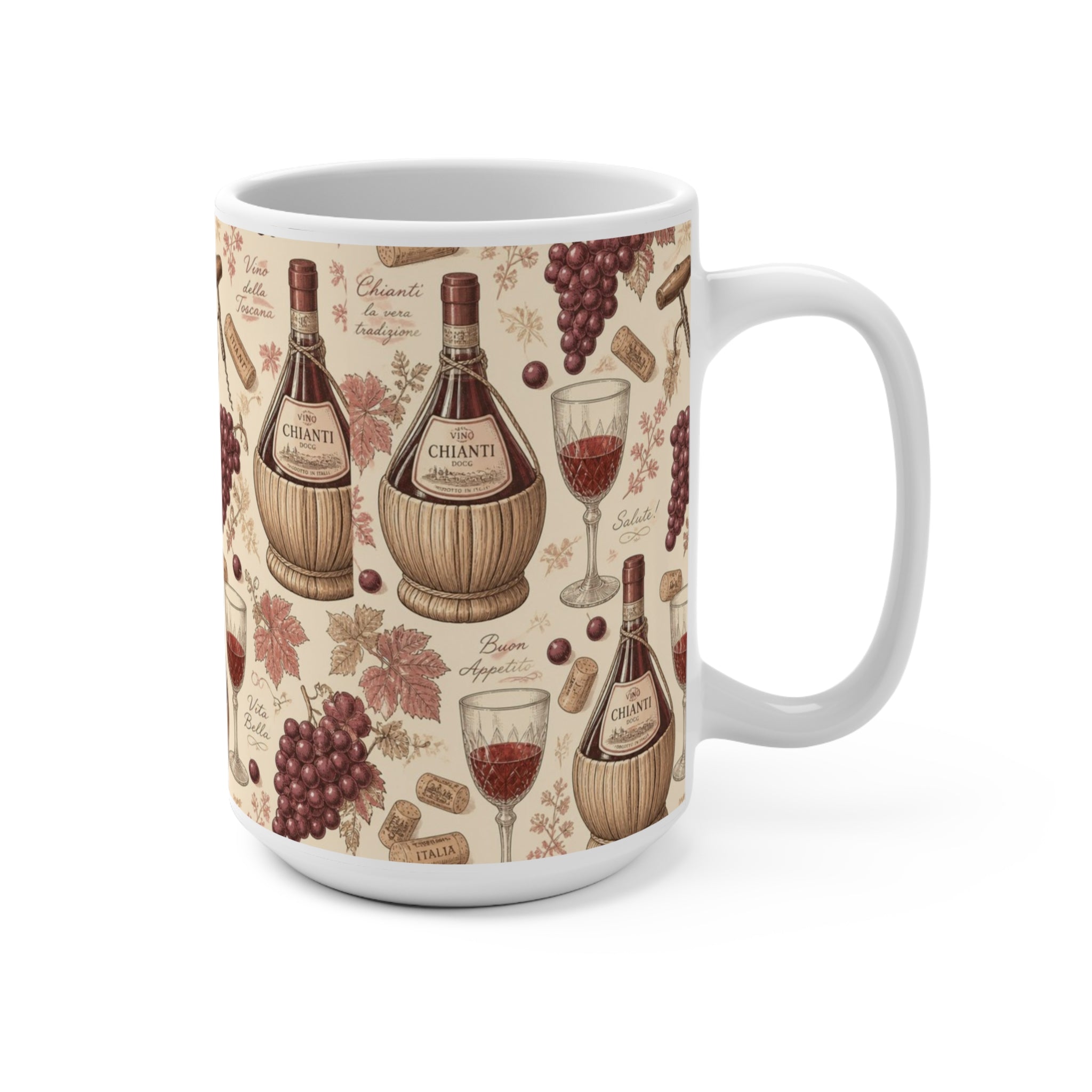 Wine Bottles & Glasses 15oz Ceramic Mug Mediterranean Kitchen Botanical Design Italian Cottagecore Gift