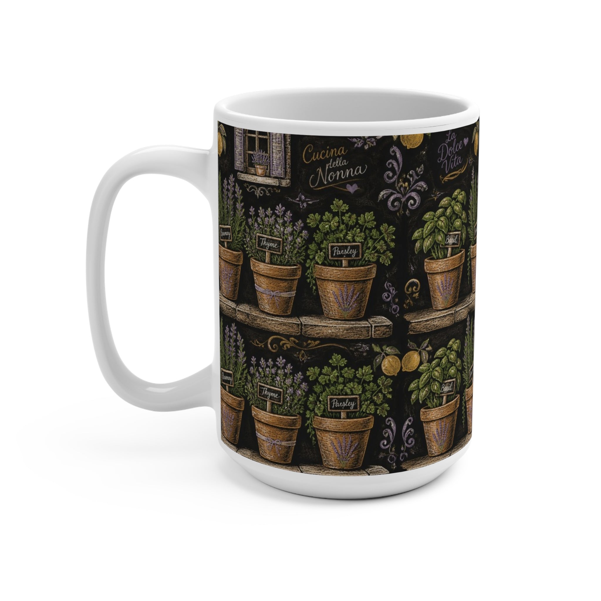 Terracotta Herb Pots 15oz Ceramic Mug Mediterranean Kitchen Chalk Art Design Italian Cottagecore Gift