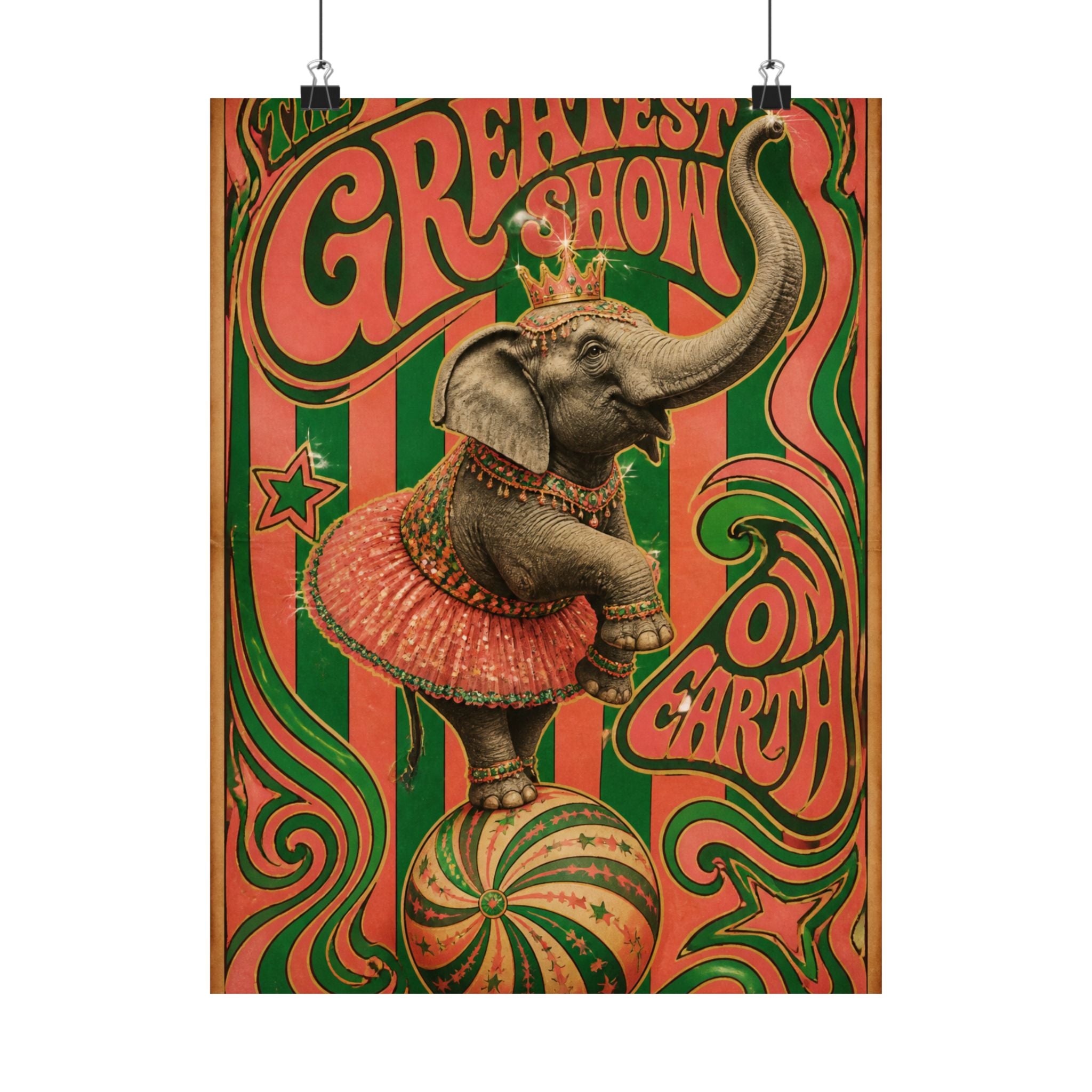 Elephant on Ball Wall Art Poster 24×36 Psychedelic Dining Room Decor Maximalist Print