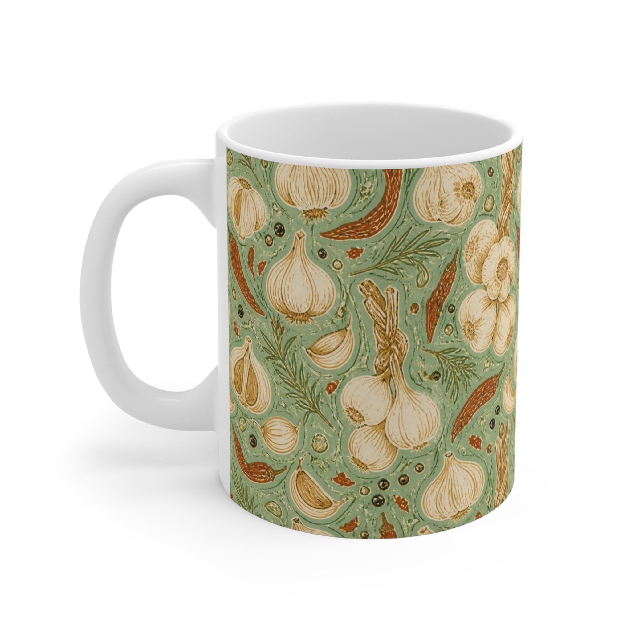 Garlic Bulbs & Cloves 11oz Ceramic Mug Mediterranean Kitchen Linocut Design Italian Cottagecore Gift