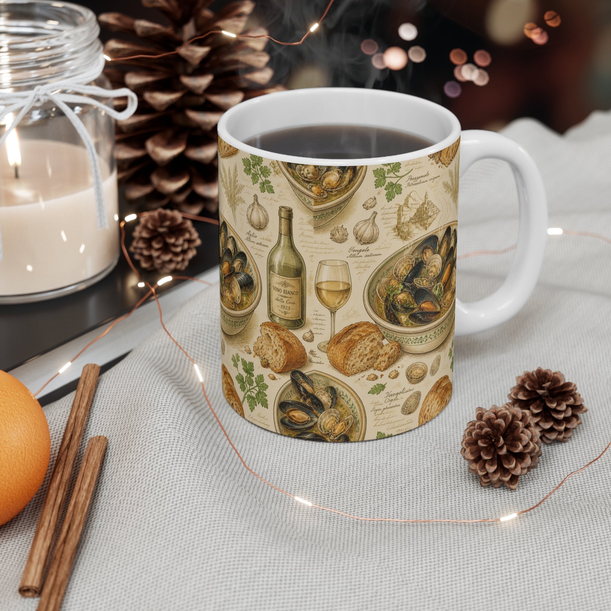 Mussels & Clams 11oz Ceramic Mug Mediterranean Kitchen Botanical Design Italian Cottagecore Gift