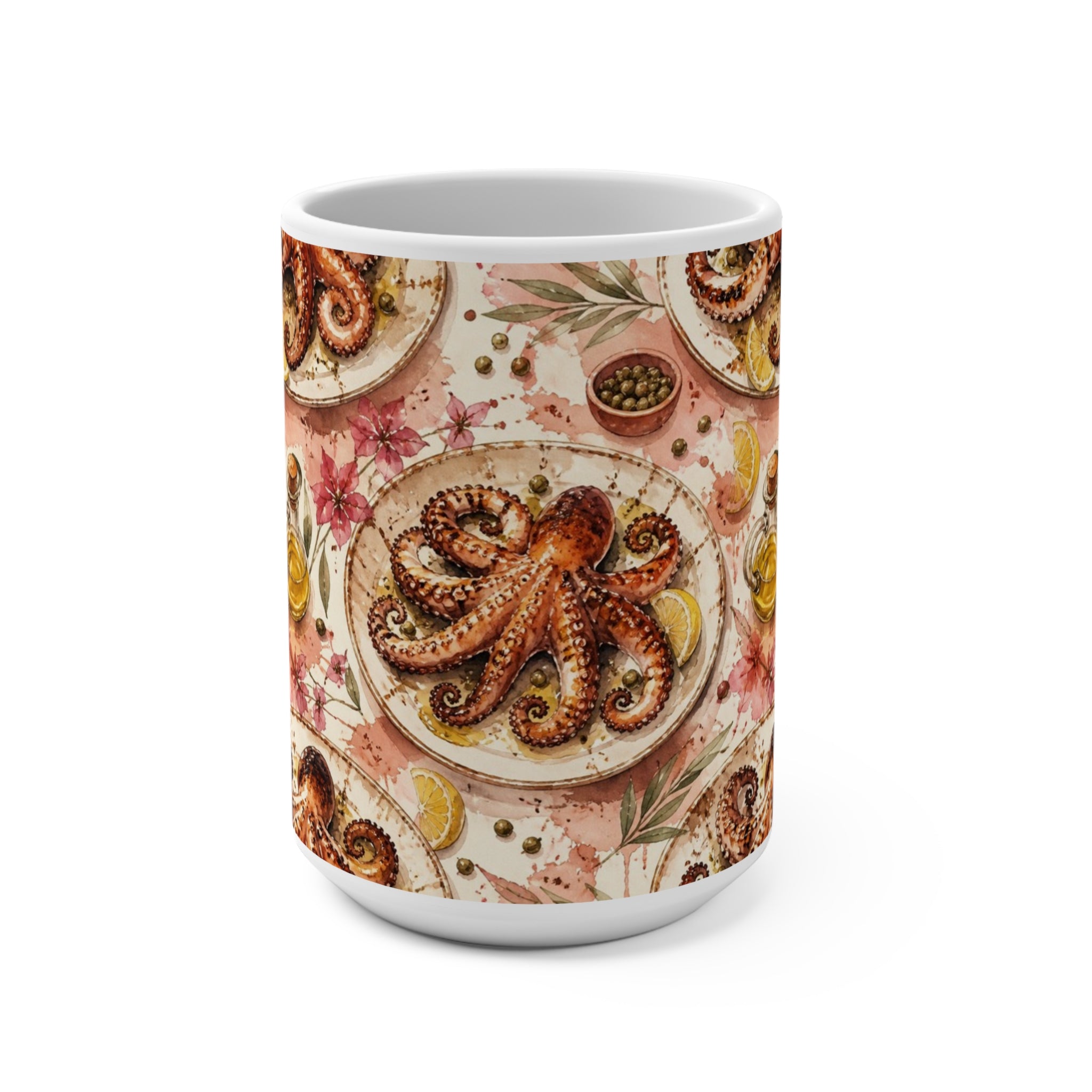 Grilled Octopus 15oz Ceramic Mug Mediterranean Kitchen Watercolor Splash Design Italian Cottagecore Gift