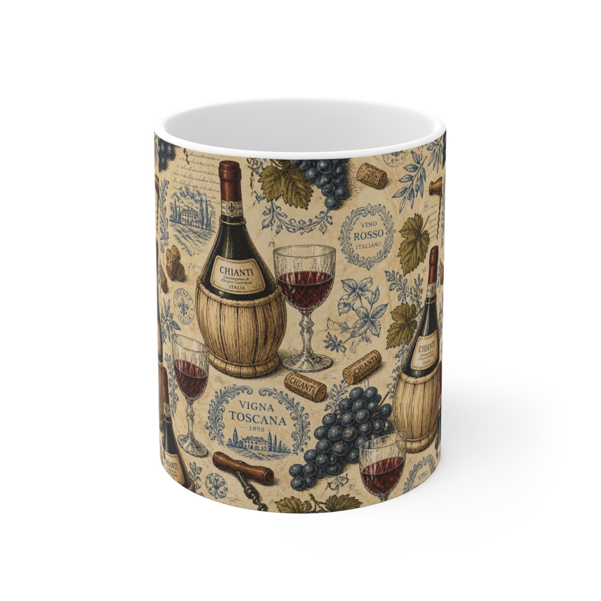 Wine Bottles & Glasses 11oz Ceramic Mug Mediterranean Kitchen Botanical Design Italian Cottagecore Gift