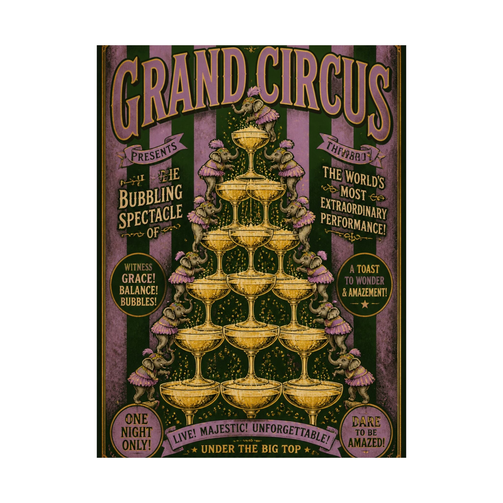 Champagne Tower Elephants Wall Art Poster 18×24 Vintage Circus Kitchen Decor Maximalist Print