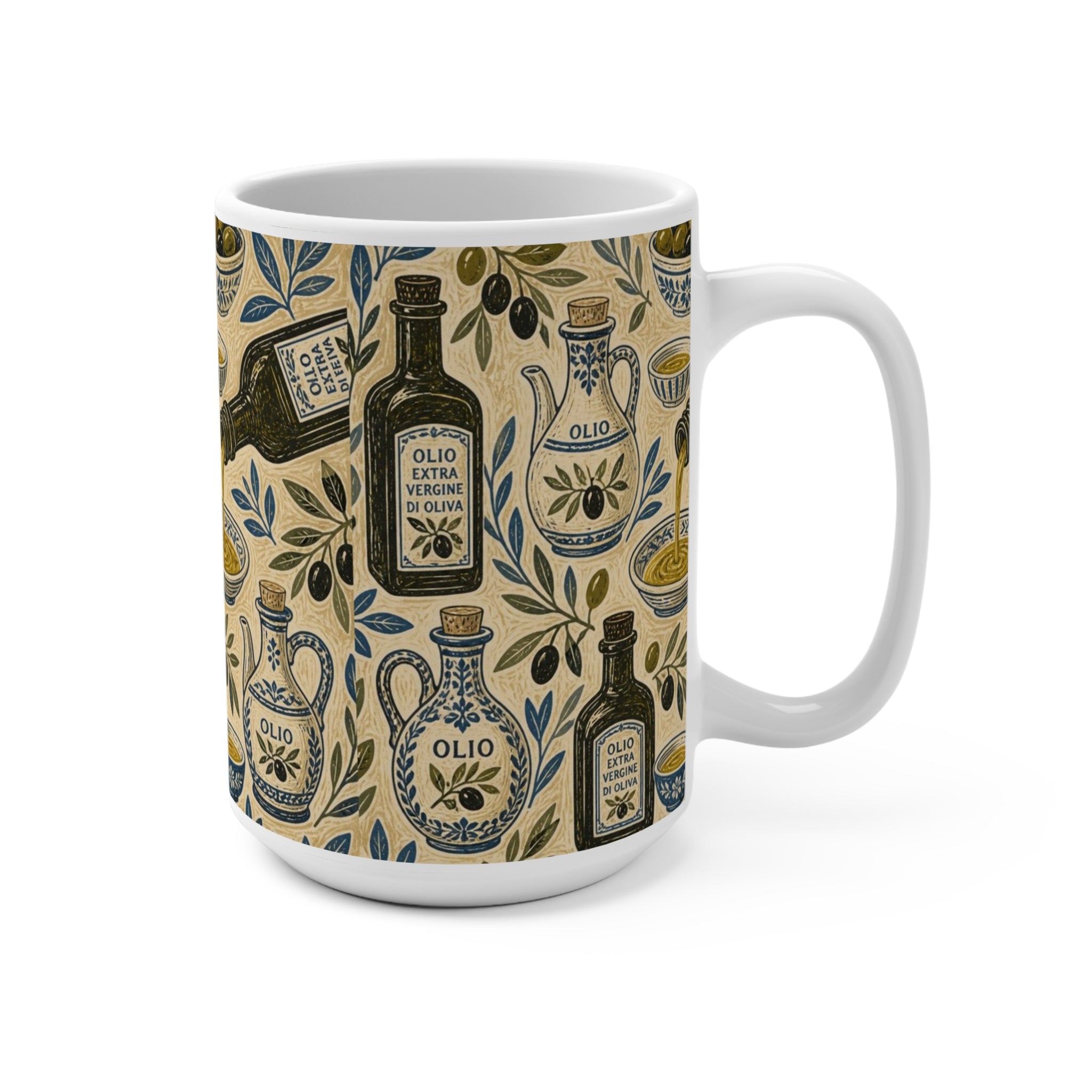 Olive Oil Bottles 15oz Ceramic Mug Mediterranean Kitchen Linocut Design Italian Cottagecore Gift