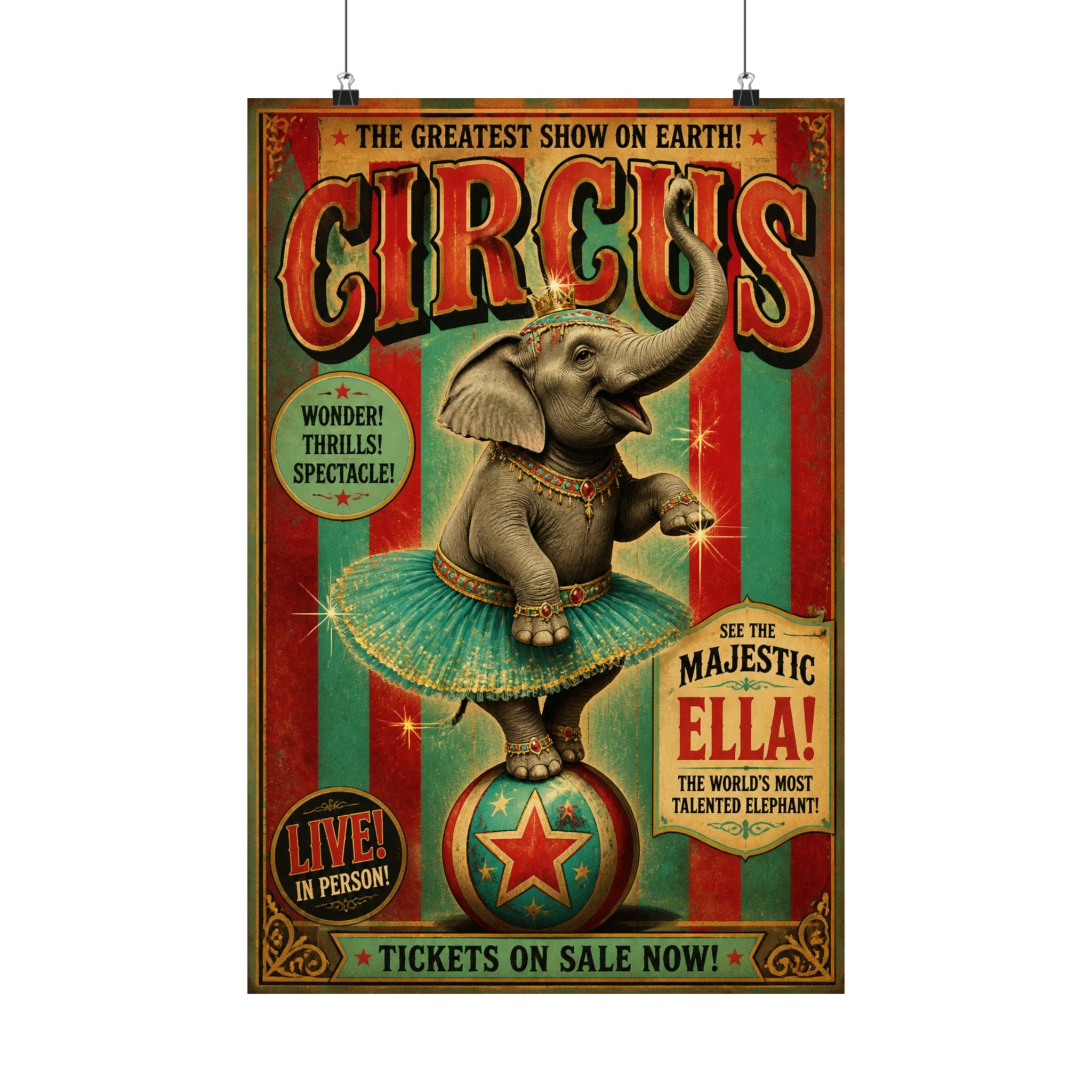 Elephant on Ball Wall Art Poster 24×36 Vintage Circus Bedroom Decor Maximalist Print
