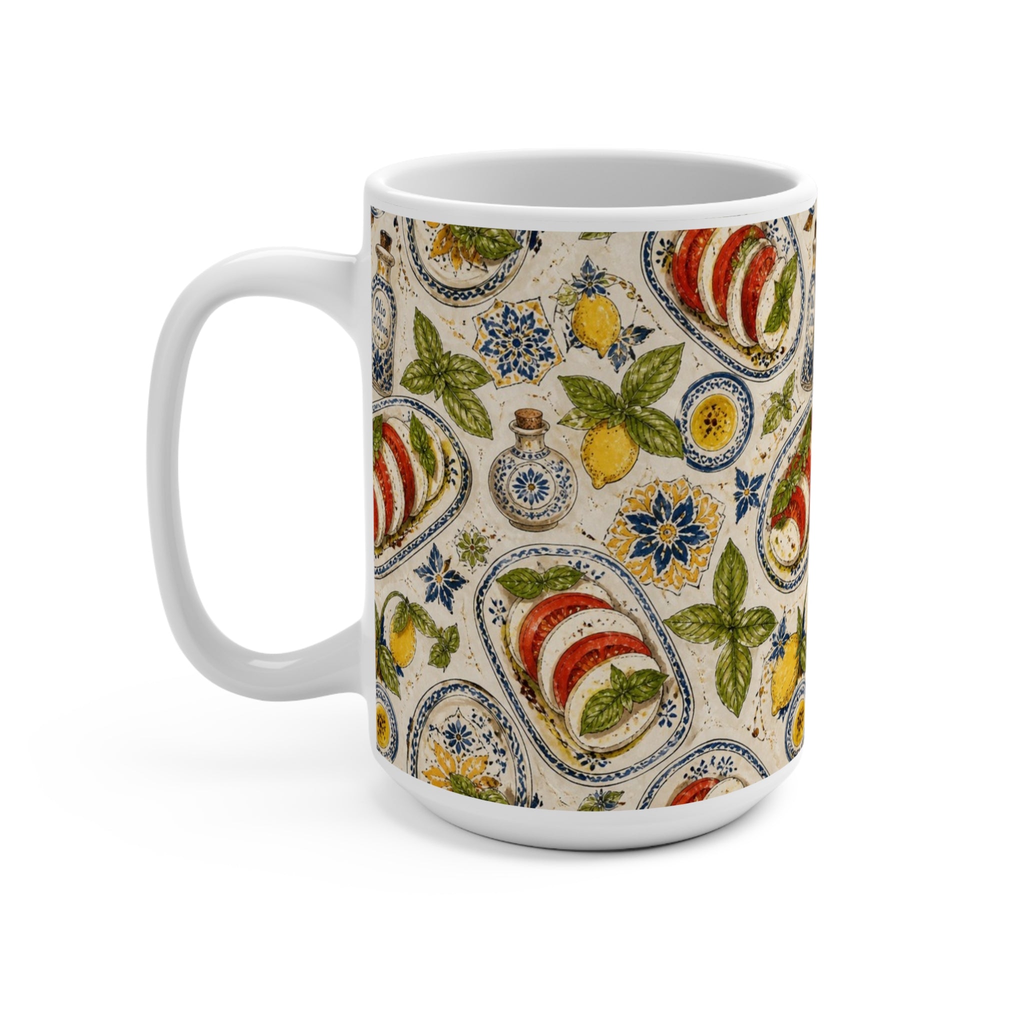 Caprese Arrangement 15oz Ceramic Mug Mediterranean Kitchen Watercolor Design Italian Cottagecore Gift