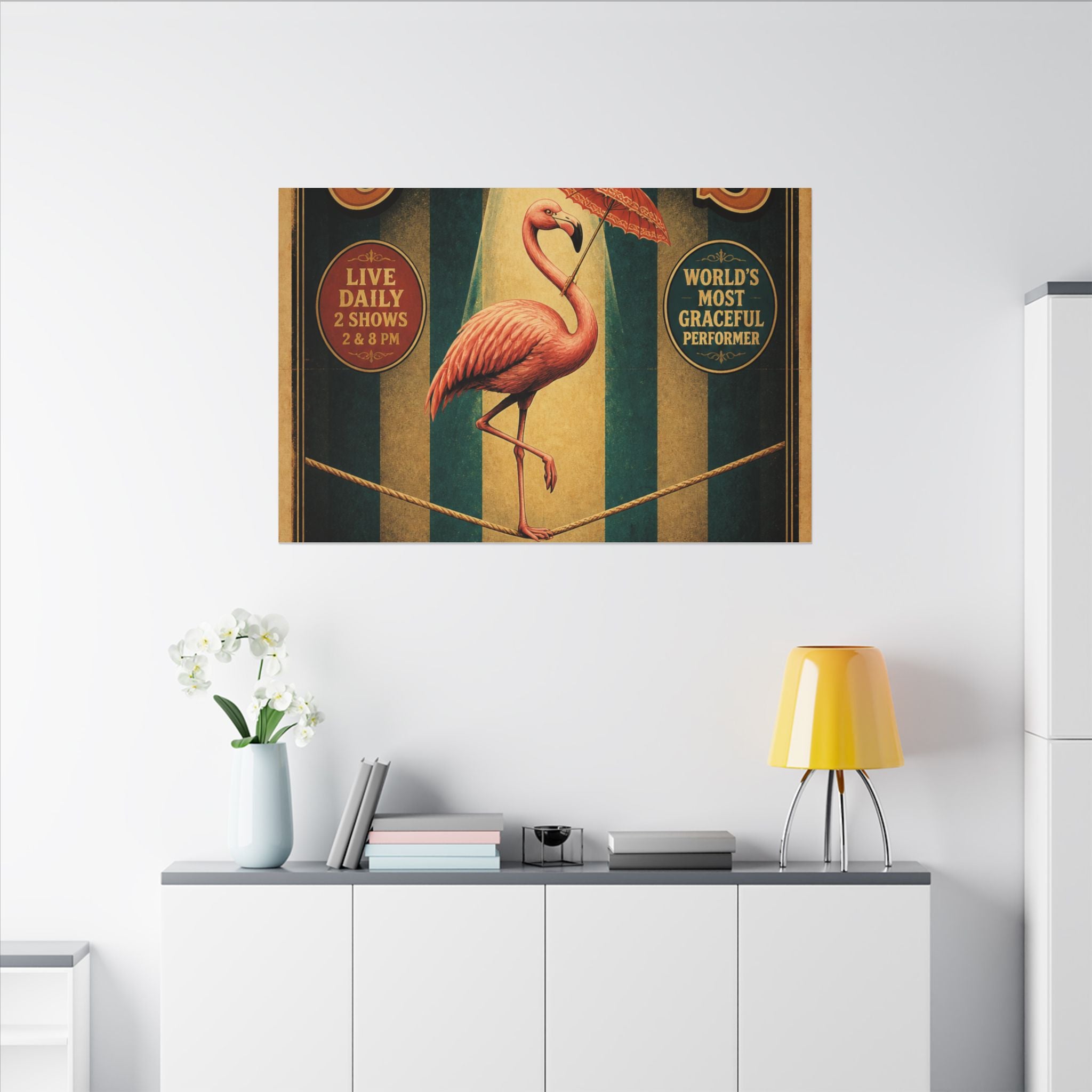 Flamingo Tightrope Wall Art Canvas 24×36 Vintage Circus Bedroom Decor Maximalist Print