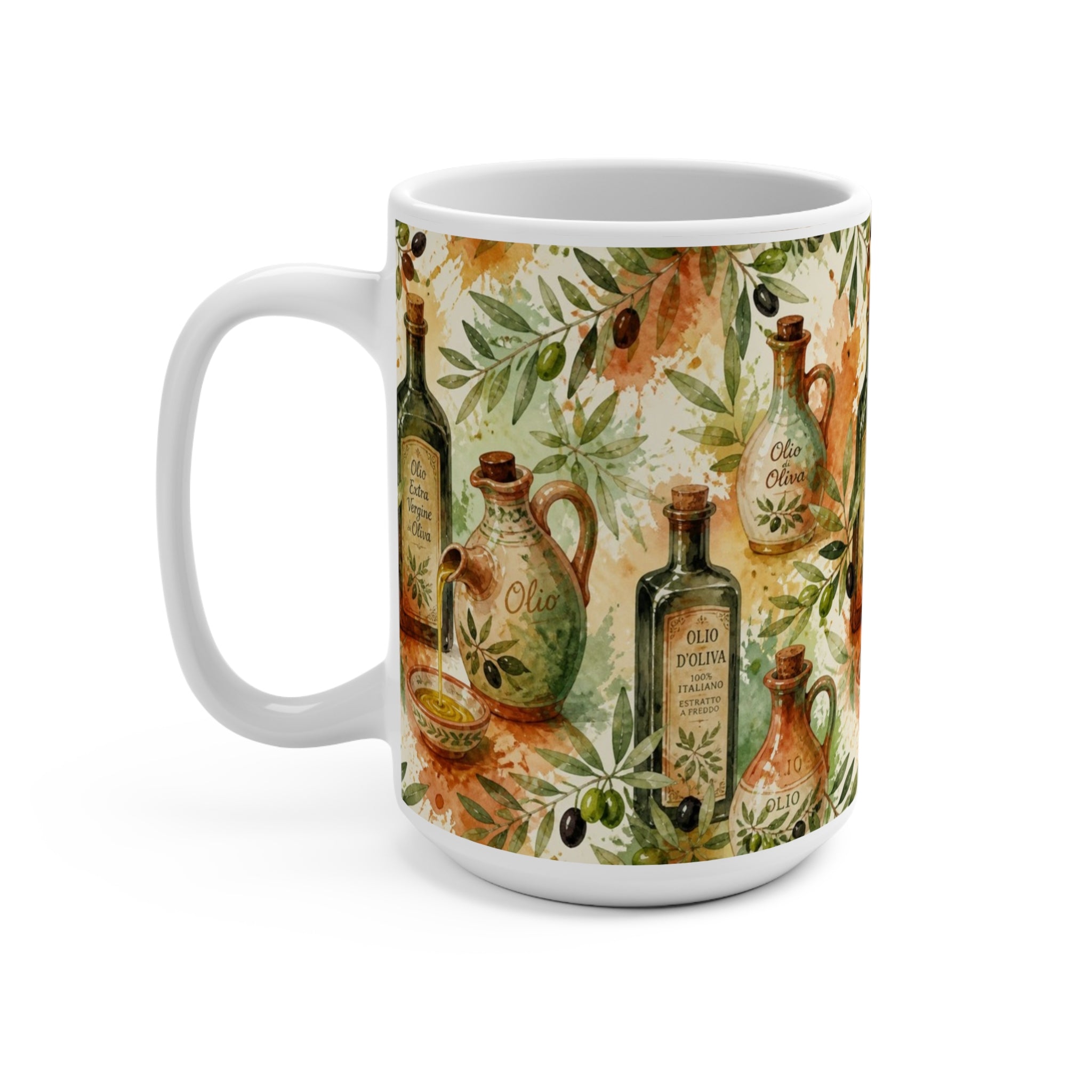 Olive Oil Bottles 15oz Ceramic Mug Mediterranean Kitchen Watercolor Splash Design Italian Cottagecore Gift