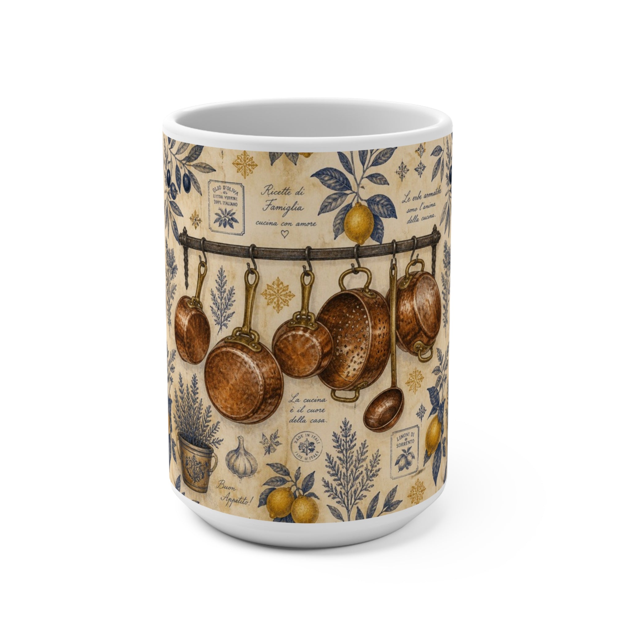 Copper Cookware 15oz Ceramic Mug Mediterranean Kitchen Botanical Design Italian Cottagecore Gift