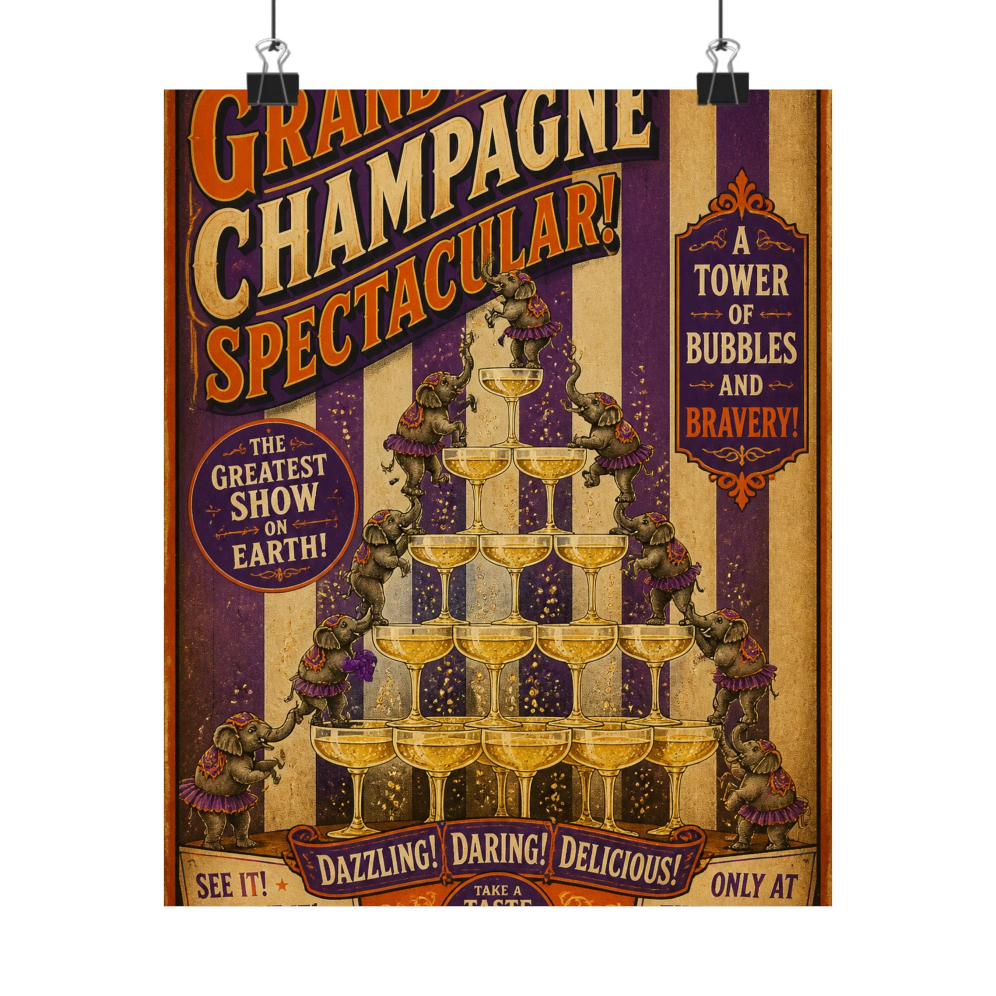 Champagne Tower Elephants Wall Art Poster 24×36 Vintage Circus Bedroom Decor Maximalist Print
