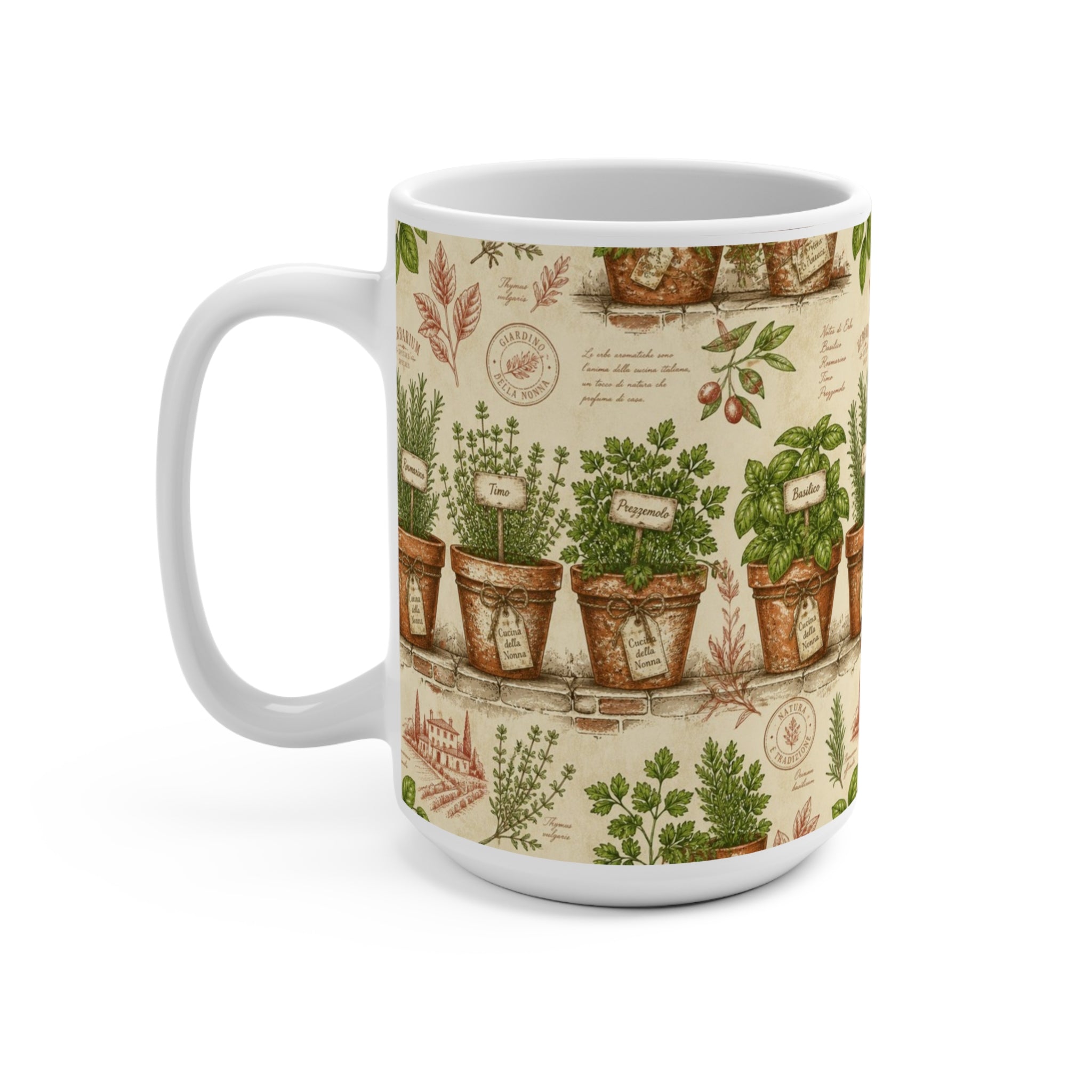Terracotta Herb Pots 15oz Ceramic Mug Mediterranean Kitchen Botanical Design Italian Cottagecore Gift