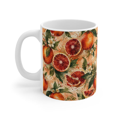 Blood Oranges 11oz Ceramic Mug Mediterranean Kitchen Watercolor Splash Design Italian Cottagecore Gift