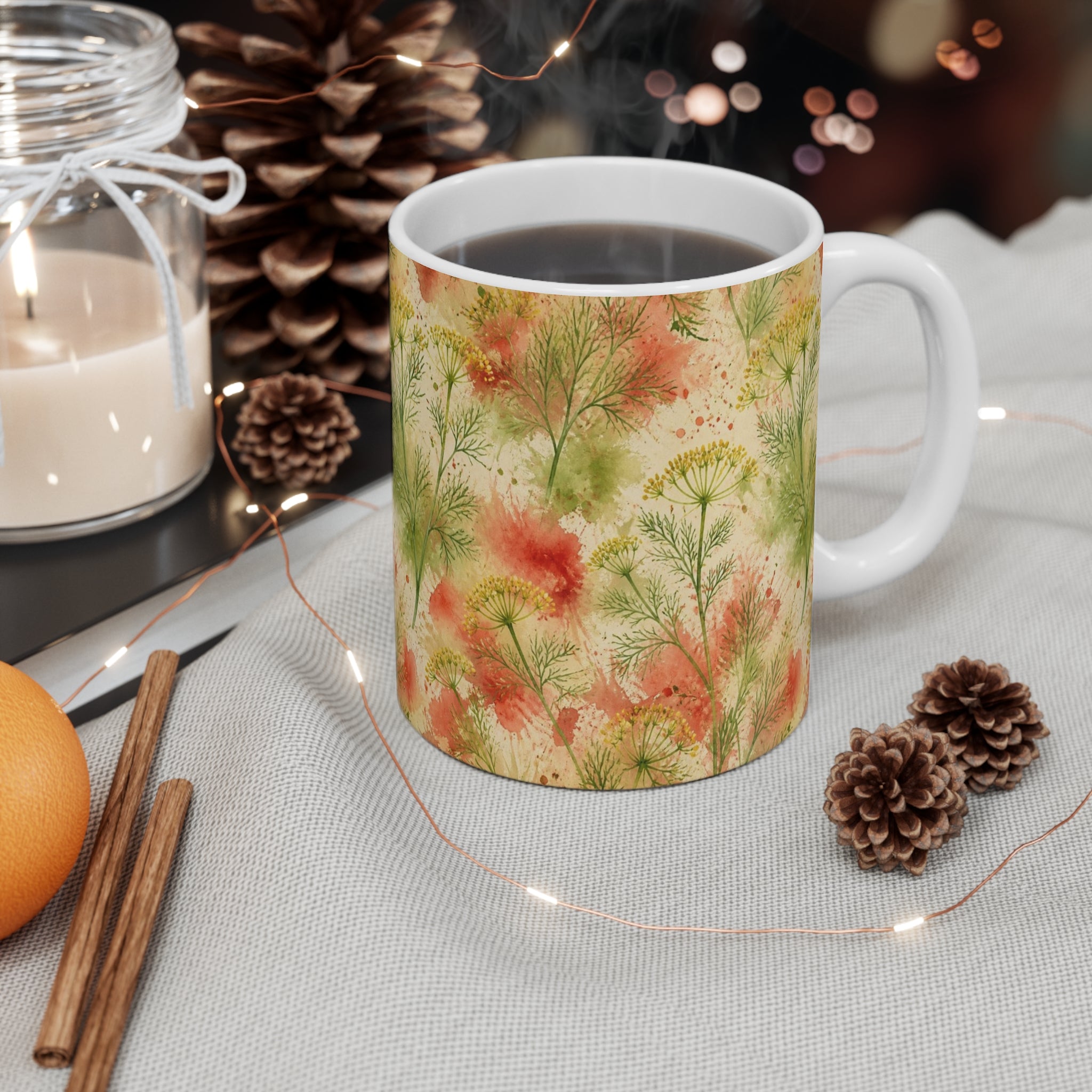 Dill Fronds 11oz Ceramic Mug Mediterranean Kitchen Watercolor Splash Design Italian Cottagecore Gift