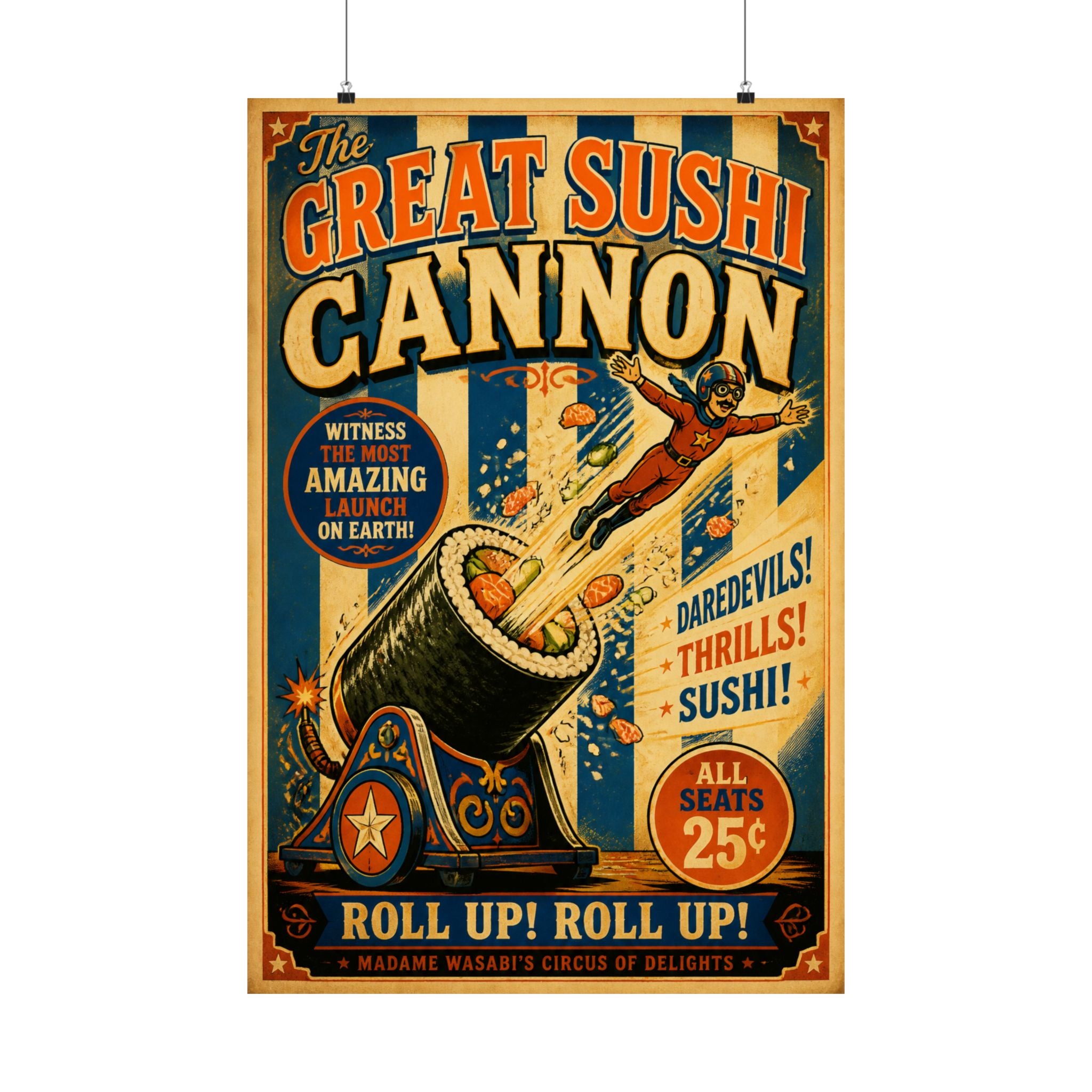Sushi Roll Cannon Wall Art Poster 18×24 Vintage Circus Kitchen Decor Maximalist Print