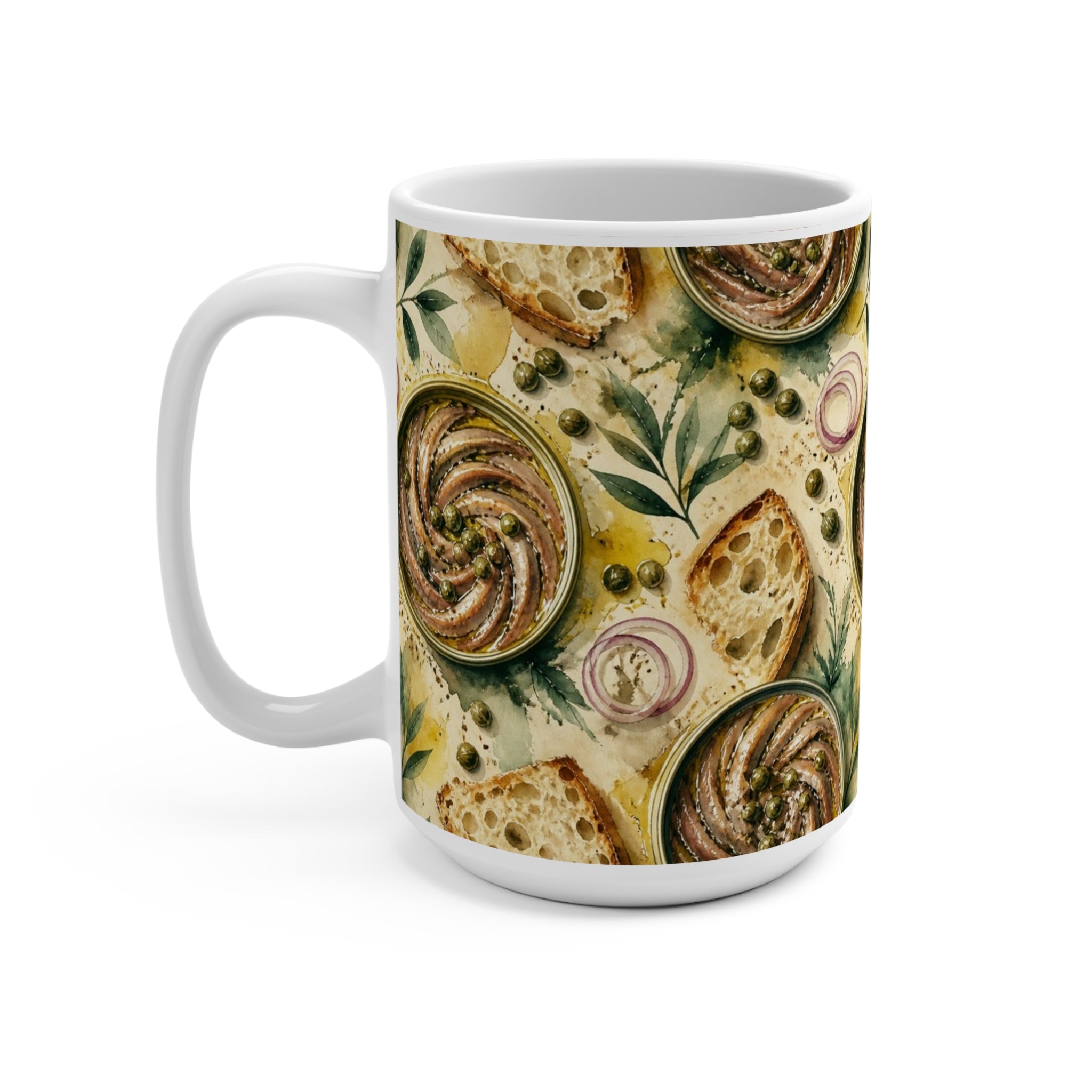 Anchovies & Capers 15oz Ceramic Mug Mediterranean Kitchen Watercolor Splash Design Italian Cottagecore Gift
