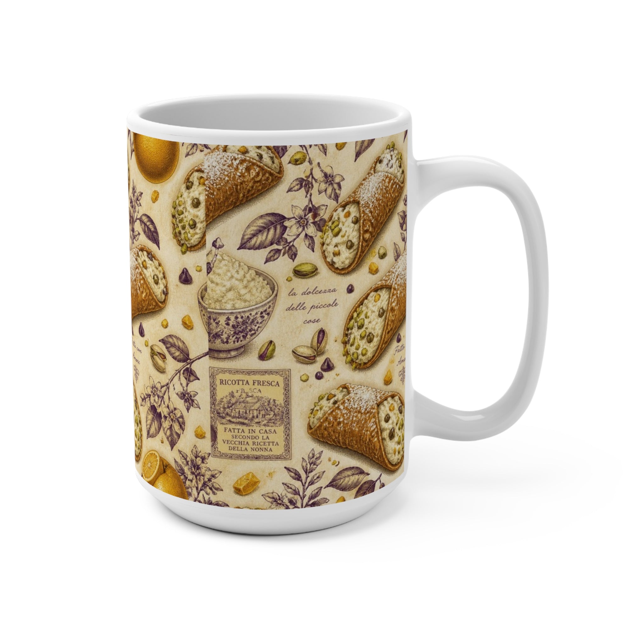 Sicilian Cannoli 15oz Ceramic Mug Mediterranean Kitchen Botanical Design Italian Cottagecore Gift