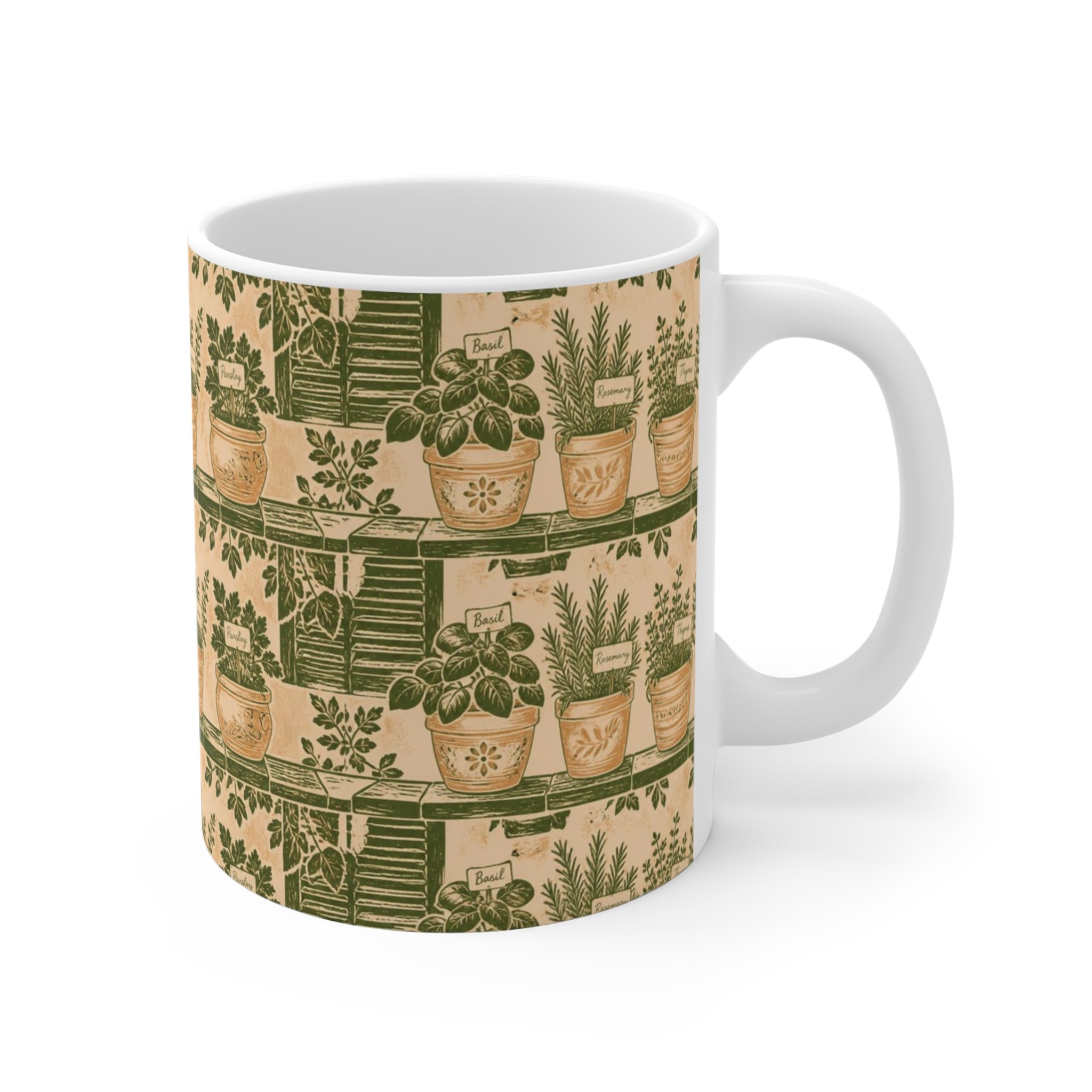 Terracotta Herb Pots 11oz Ceramic Mug Mediterranean Kitchen Linocut Design Italian Cottagecore Gift