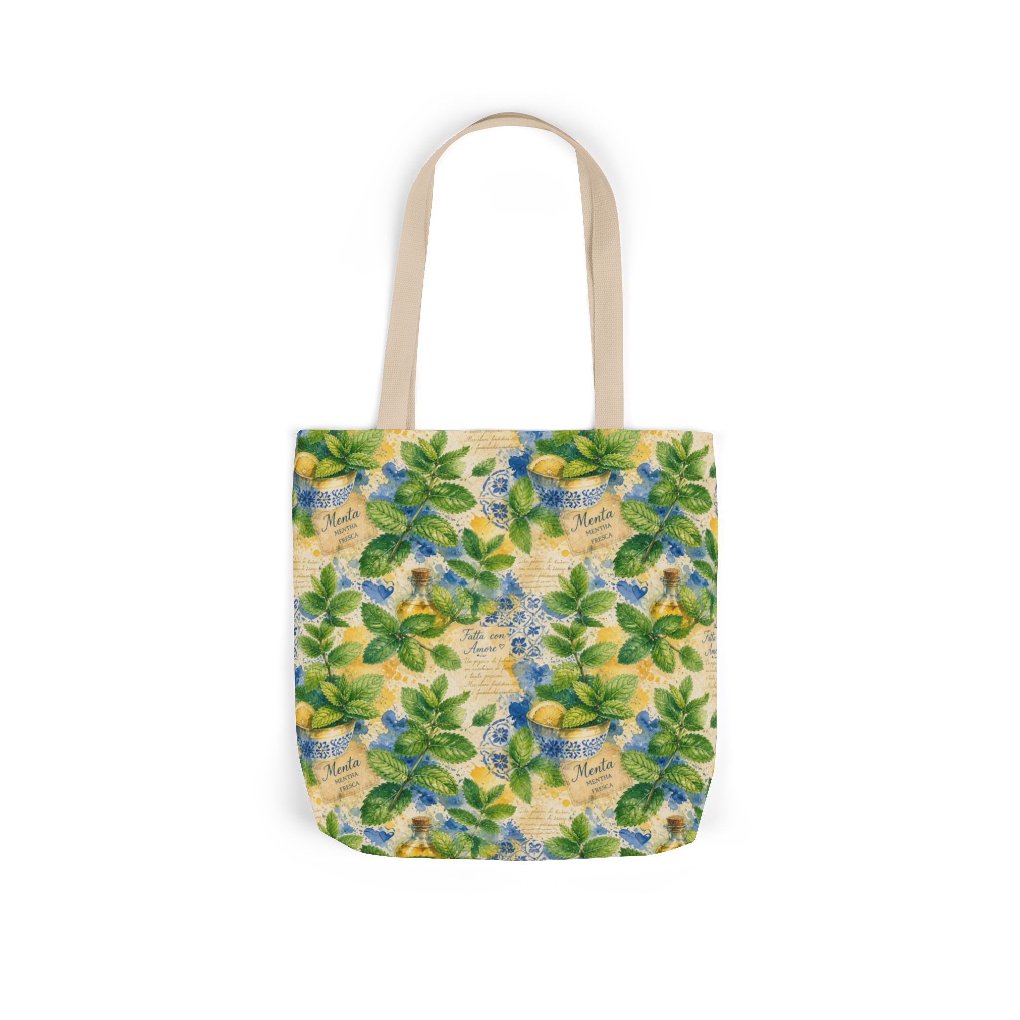 Fresh Mint Leaves Canvas Tote Bag Mediterranean Kitchen Watercolor Splash Design Italian Cottagecore Gift