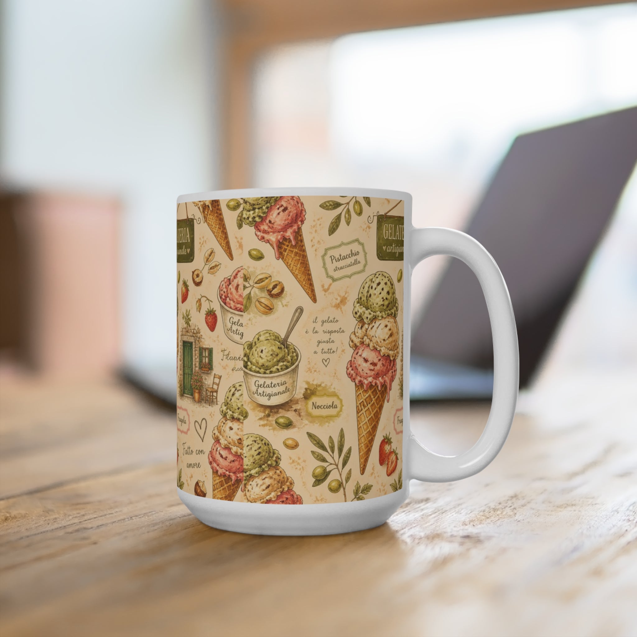 Gelato Scoops 15oz Ceramic Mug Mediterranean Kitchen Watercolor Design Italian Cottagecore Gift