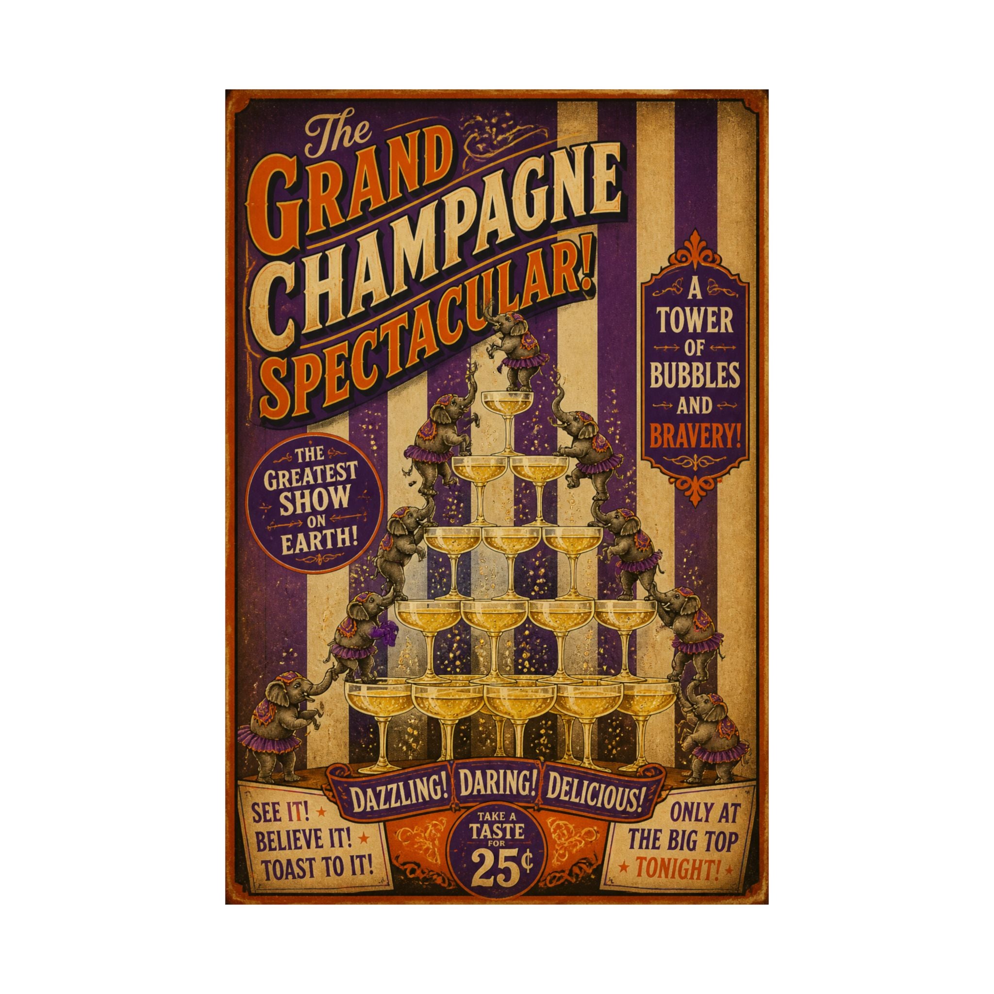 Champagne Tower Elephants Wall Art Poster 24×36 Vintage Circus Bedroom Decor Maximalist Print
