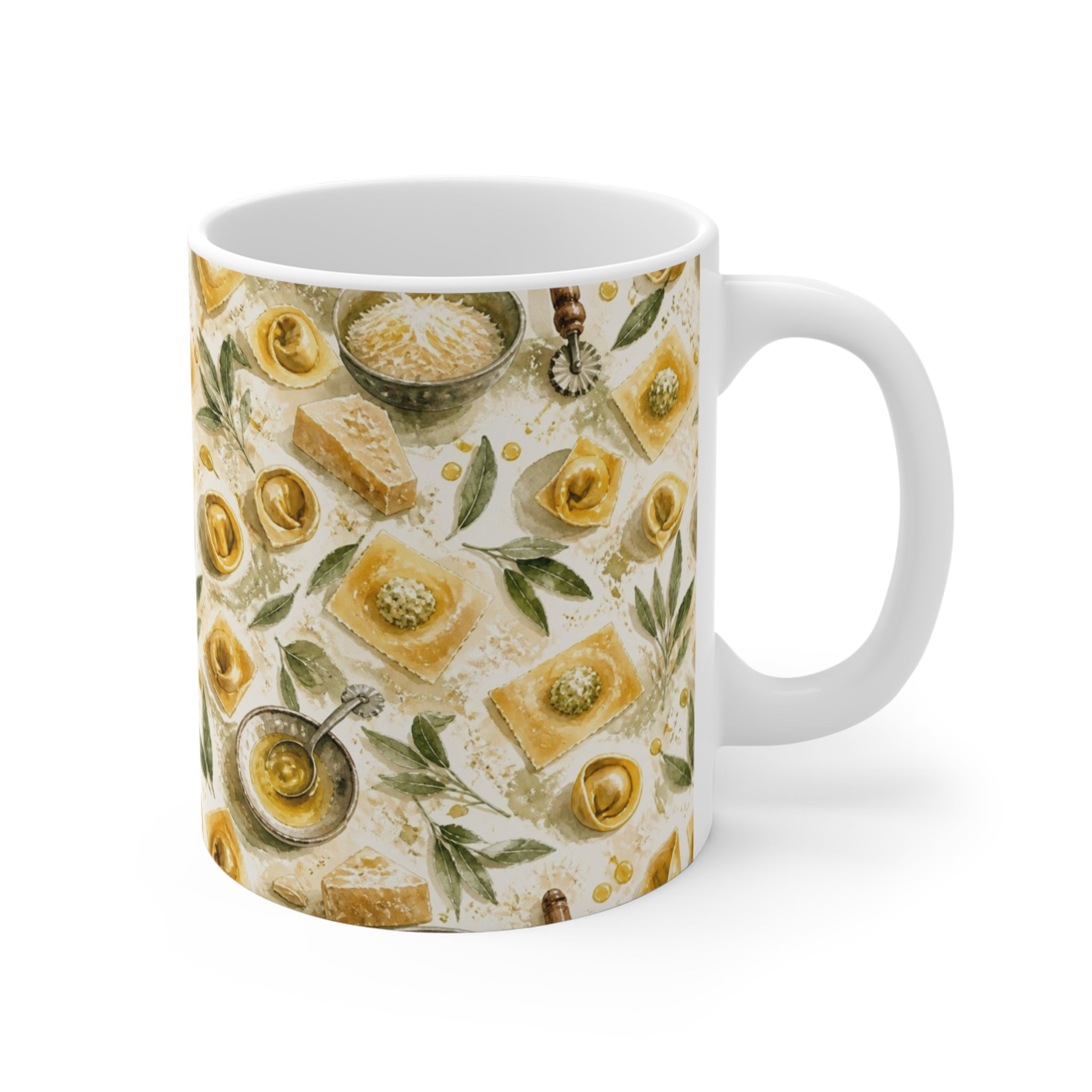 Tortellini with Sage 11oz Ceramic Mug Mediterranean Kitchen Watercolor Splash Design Italian Cottagecore Gift