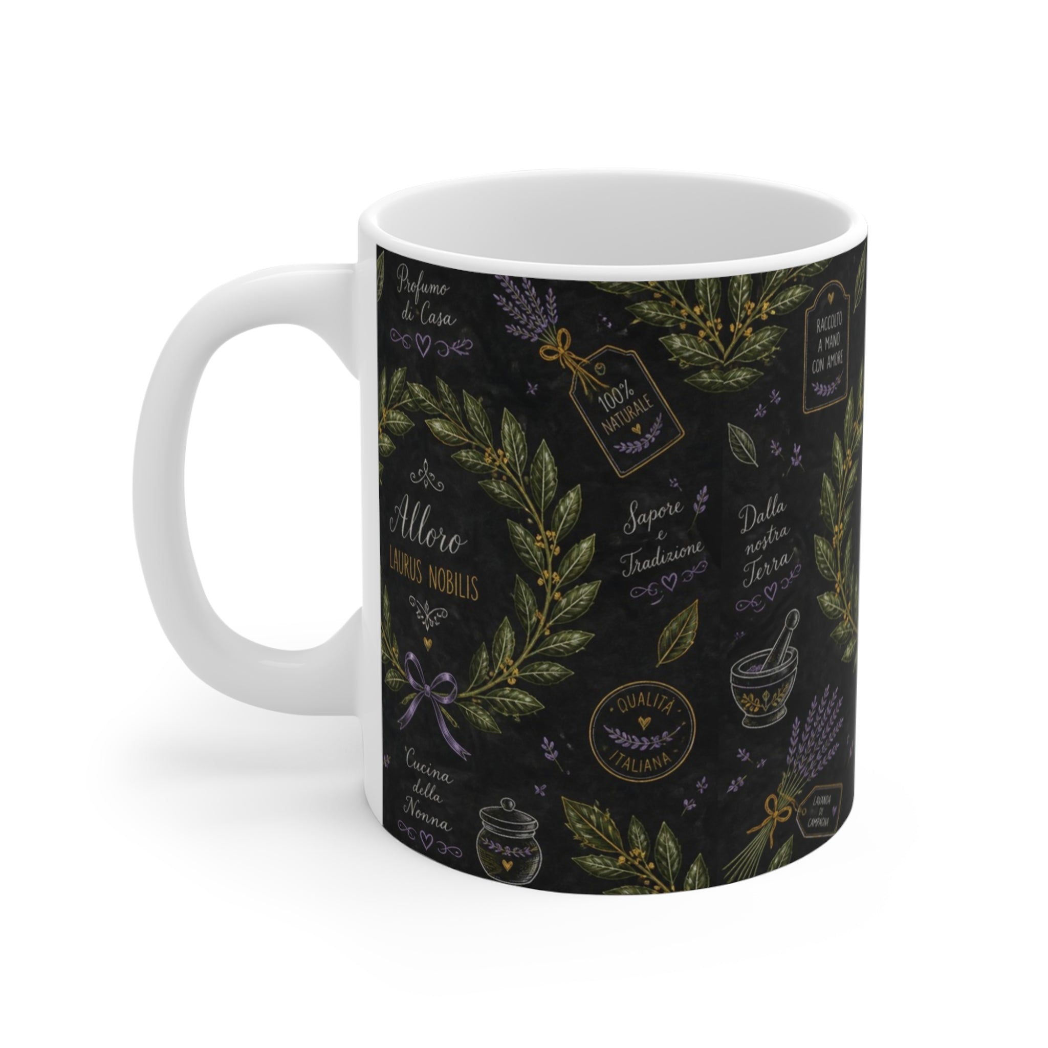 Bay Laurel Wreath 11oz Ceramic Mug Mediterranean Kitchen Chalk Art Design Italian Cottagecore Gift