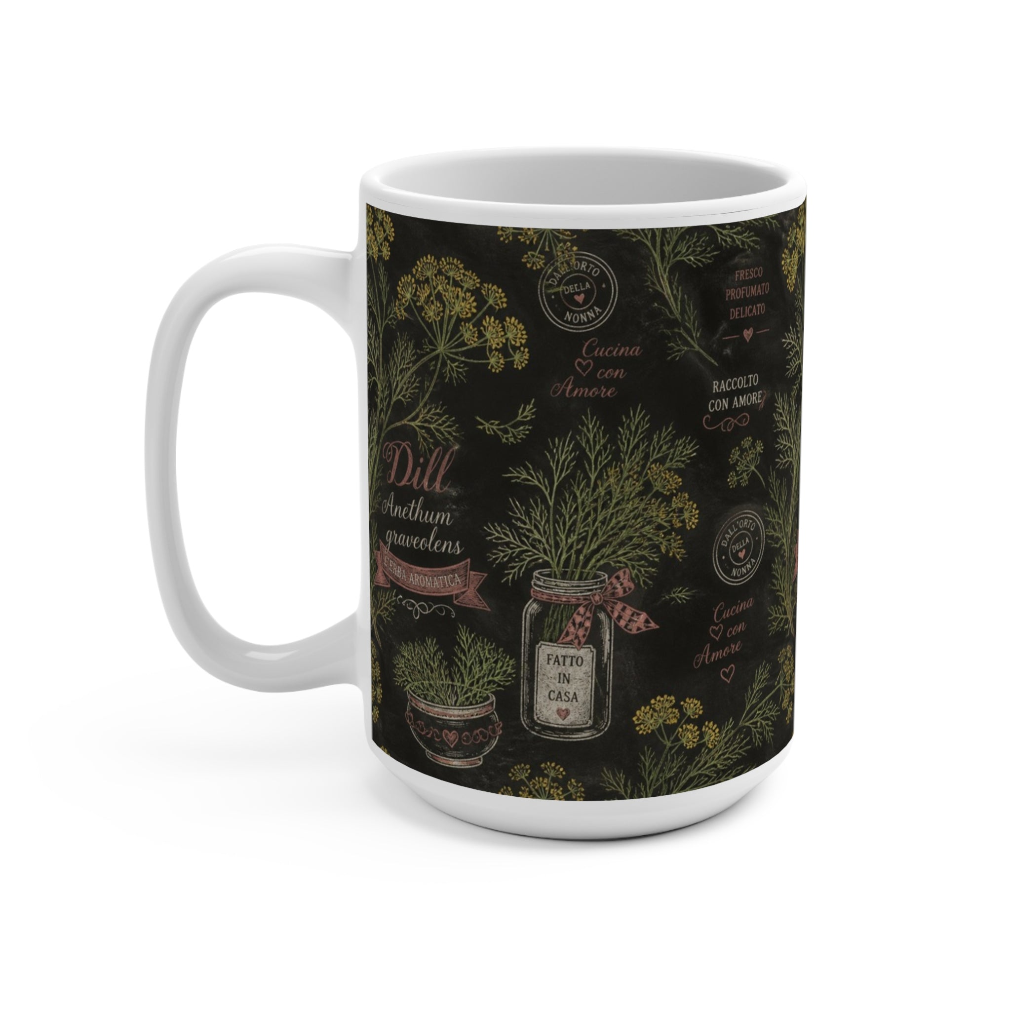 Dill Fronds 15oz Ceramic Mug Mediterranean Kitchen Chalk Art Design Italian Cottagecore Gift