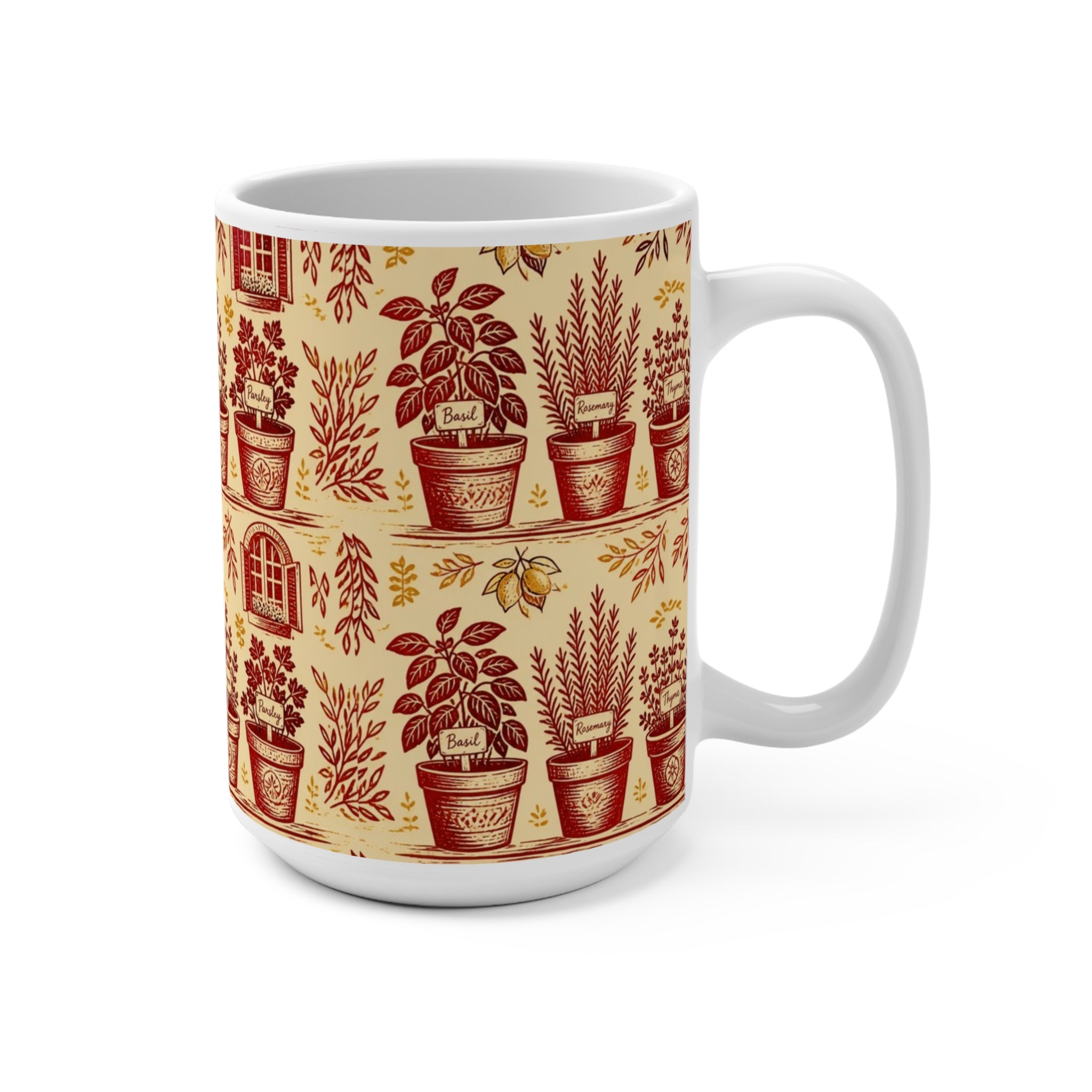 Terracotta Herb Pots 15oz Ceramic Mug Mediterranean Kitchen Linocut Design Italian Cottagecore Gift