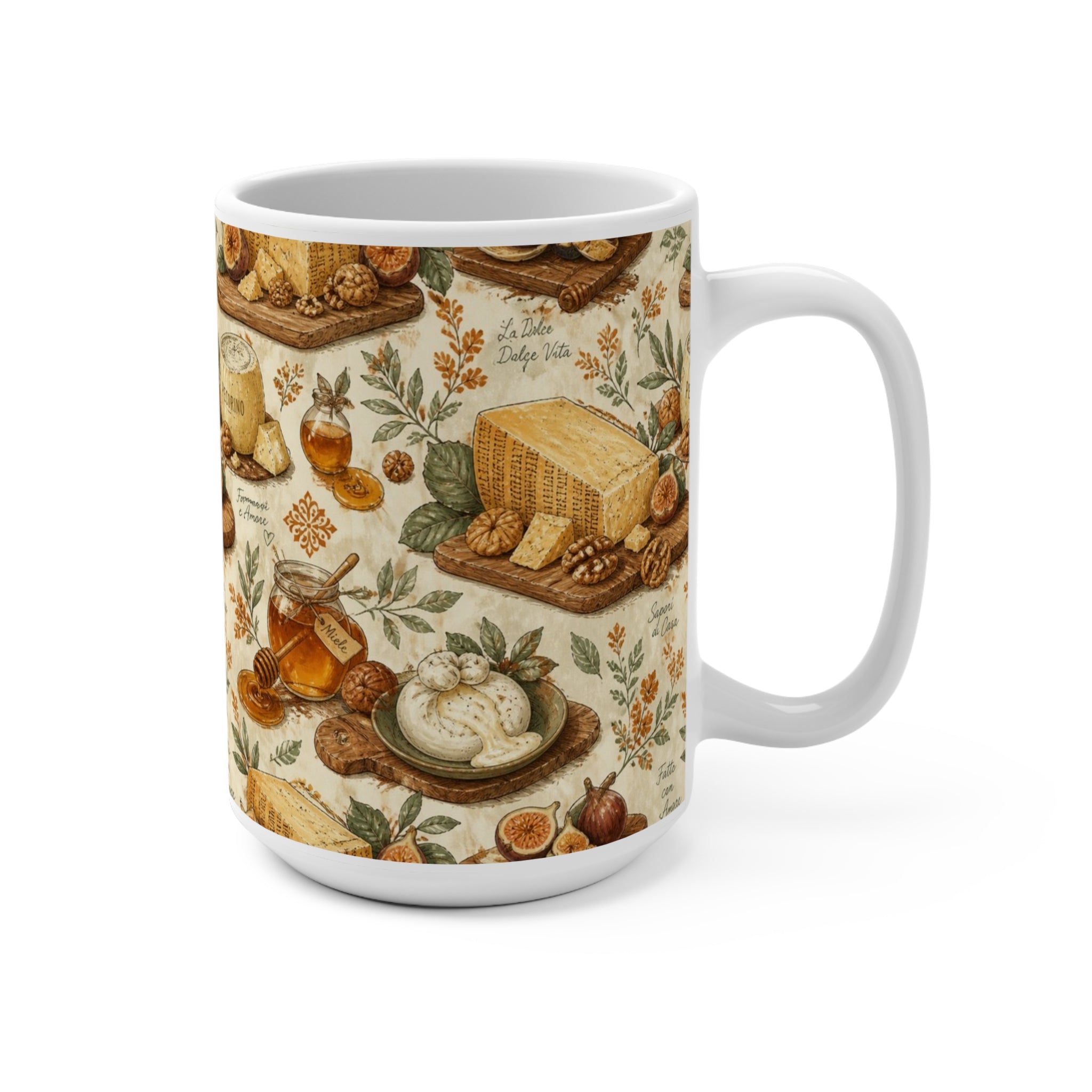 Italian Cheese Board 15oz Ceramic Mug Mediterranean Kitchen Watercolor Design Italian Cottagecore Gift