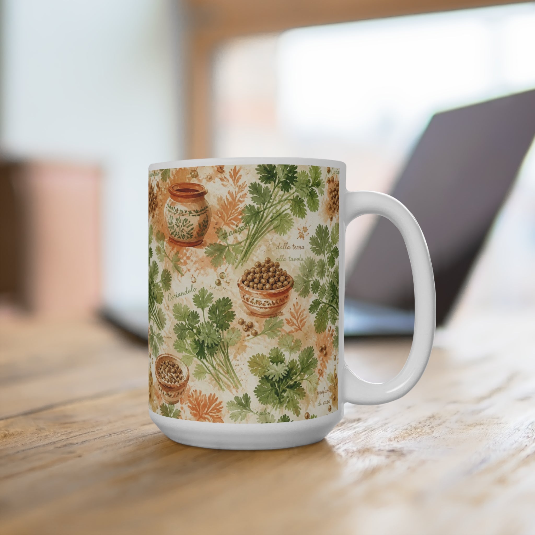 Coriander & Seeds 15oz Ceramic Mug Mediterranean Kitchen Watercolor Splash Design Italian Cottagecore Gift