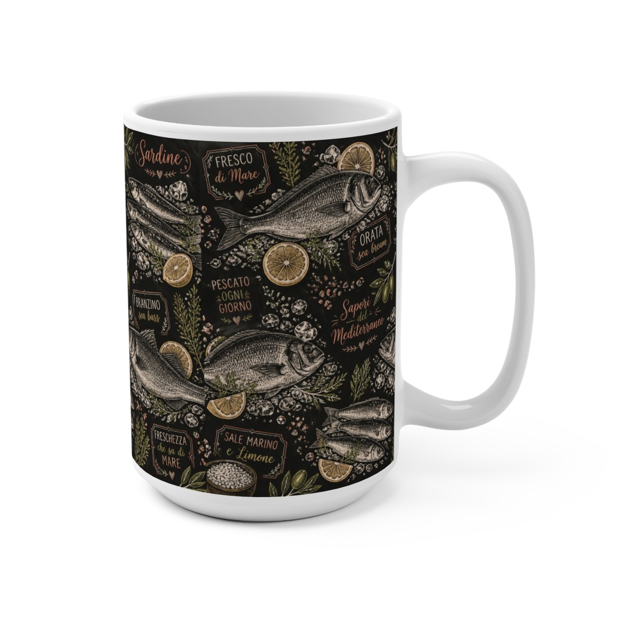 Mediterranean Fish 15oz Ceramic Mug Mediterranean Kitchen Chalk Art Design Italian Cottagecore Gift